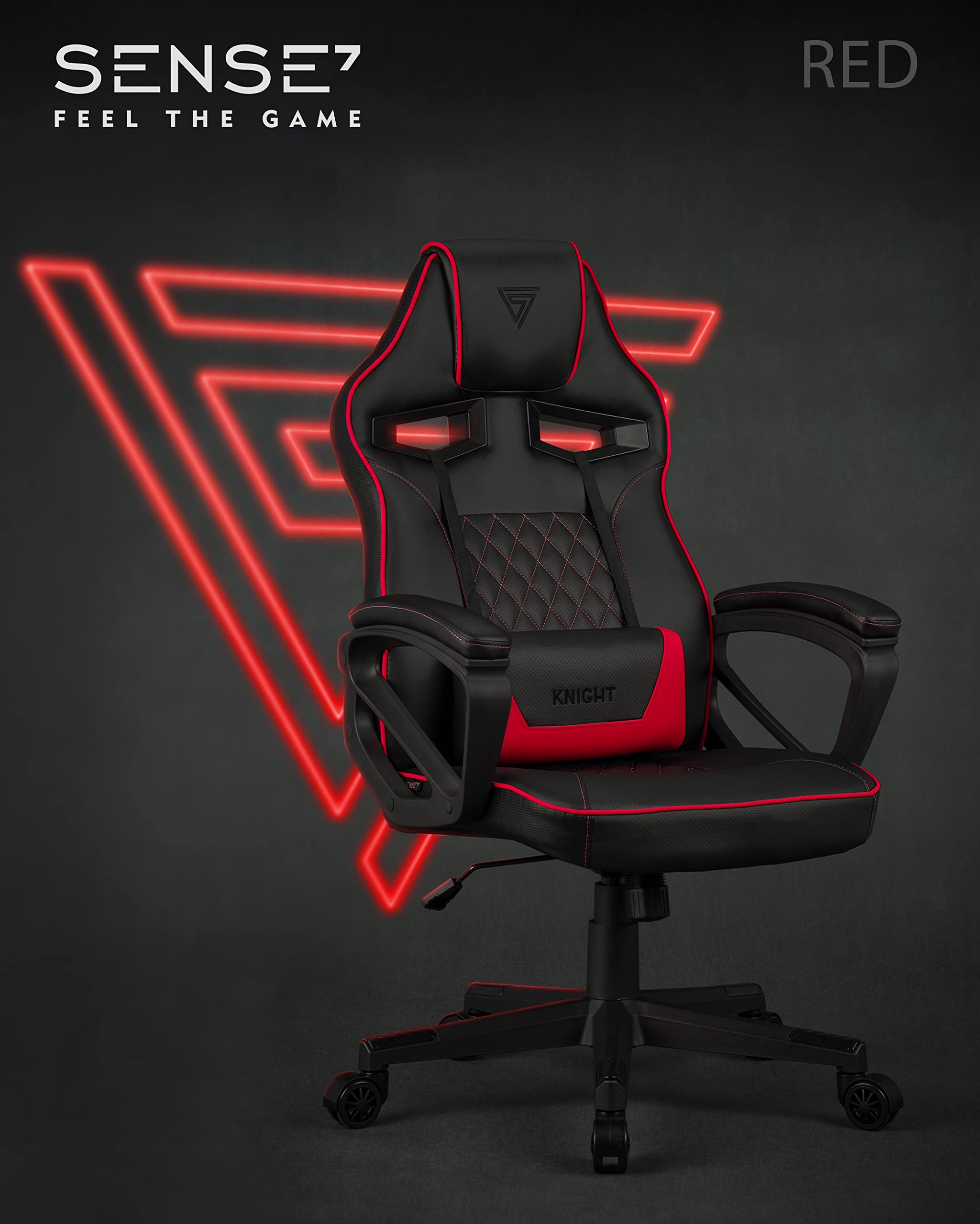 SENSE7 Poltrona da gioco Knight, ergonomico con cuscini lombari regolabili, sedia da gioco con oscillazione, braccioli imbottiti, sedia da ufficio in similpelle fino a 120 kg, sedia PC nera-rossa