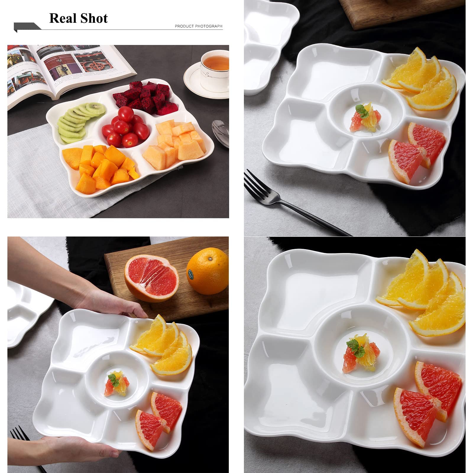 Okllen Paquete de 3 bandejas de porcelana divididas para servir, plato blanco para aperitivos y salsa, platos cuadrados, 9.5 pulgadas de largox9.5 pulgadas de anchox1 pulgadas de alto