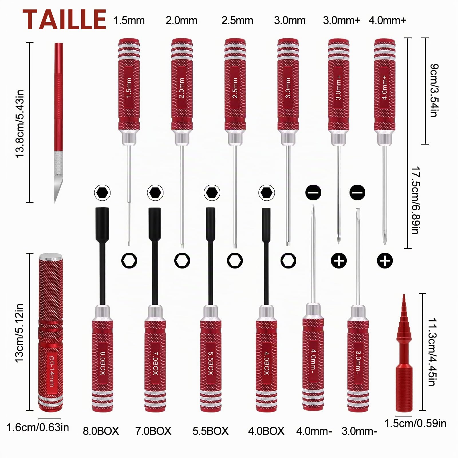 Kit d'outils RC 19 en 1 - Tournevis RC - Écrou Hexagonal Hexagonal - Tournevis cruciforme - Pince RC - Kit de réparation pour 1/8 1/10 Traxxas Axial Arrma DJI - Rouge