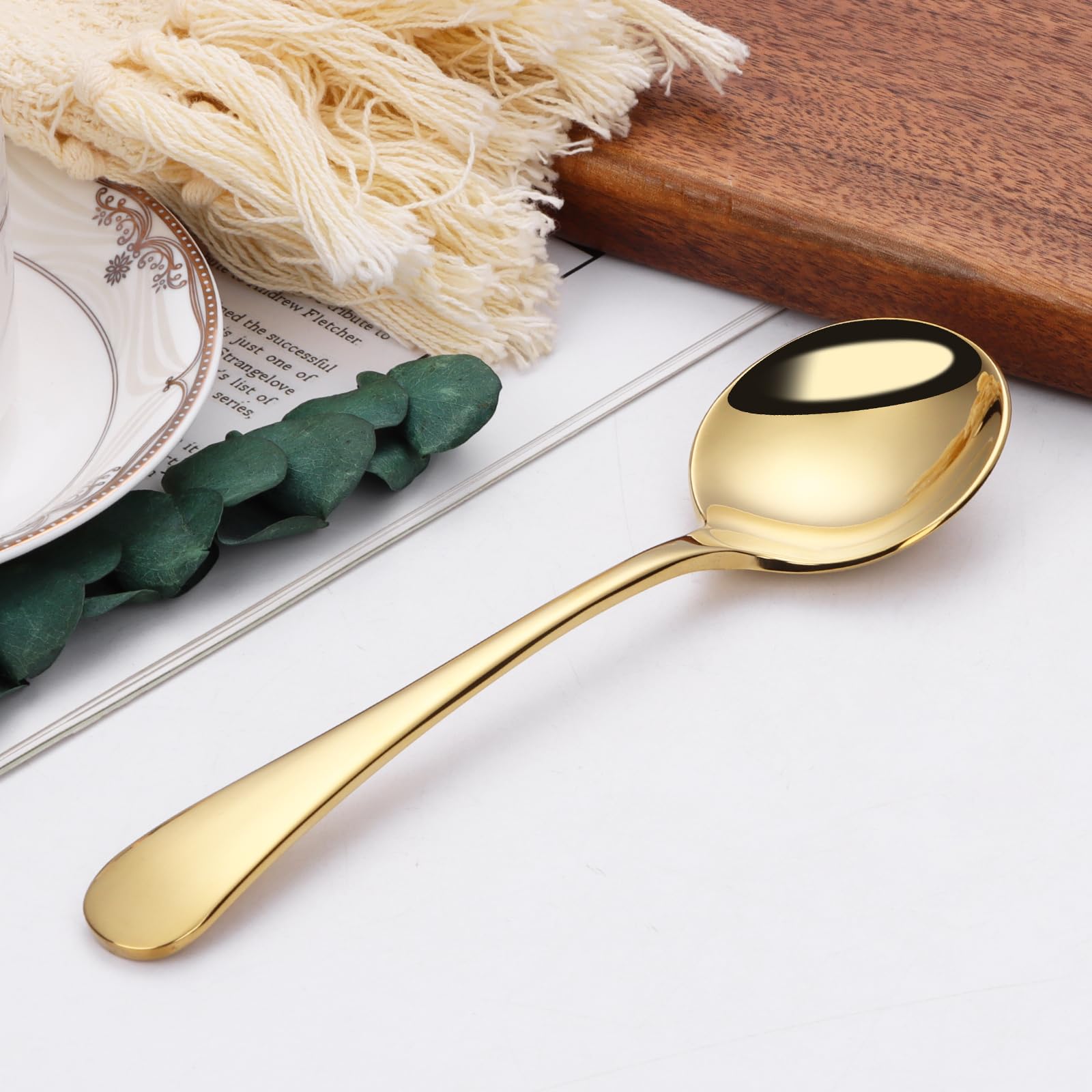 Juego de 4 cucharas de sopa redondas de 7 pulgadas, acero inoxidable 18/10, resistentes con cuenco profundo, pulido de espejo fino, aptas para lavavajillas (dorado)