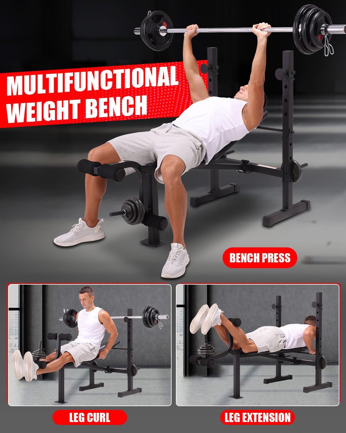 Standard Weight Bench Set with Squat Rack, 900LBS Adjustable Bench Press Set with Leg Extension and Leg Curl, Foldable Flat Incline Decline Workout Bench for Home Gym Full Body Training