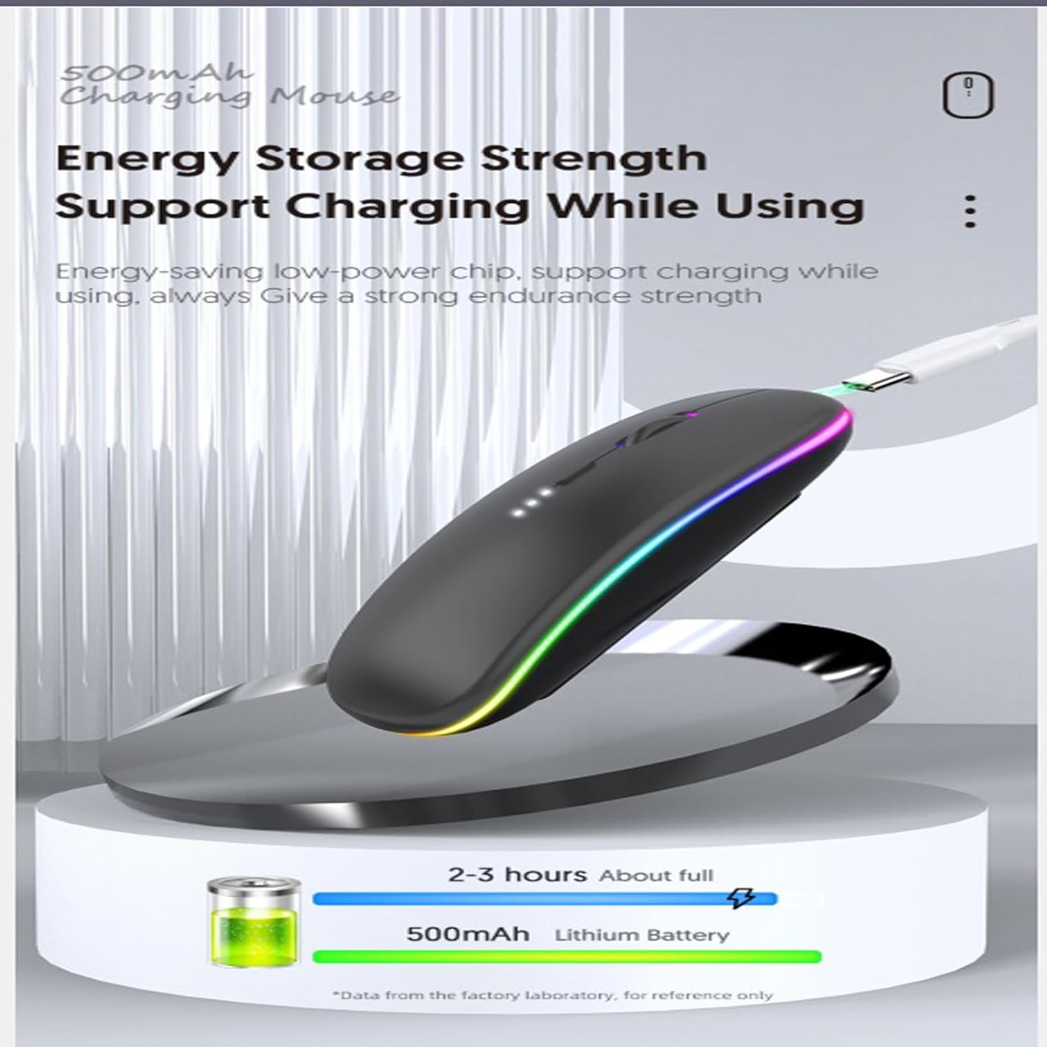 Wireless mouse connected to a charging cable, indicating energy storage and charging capability