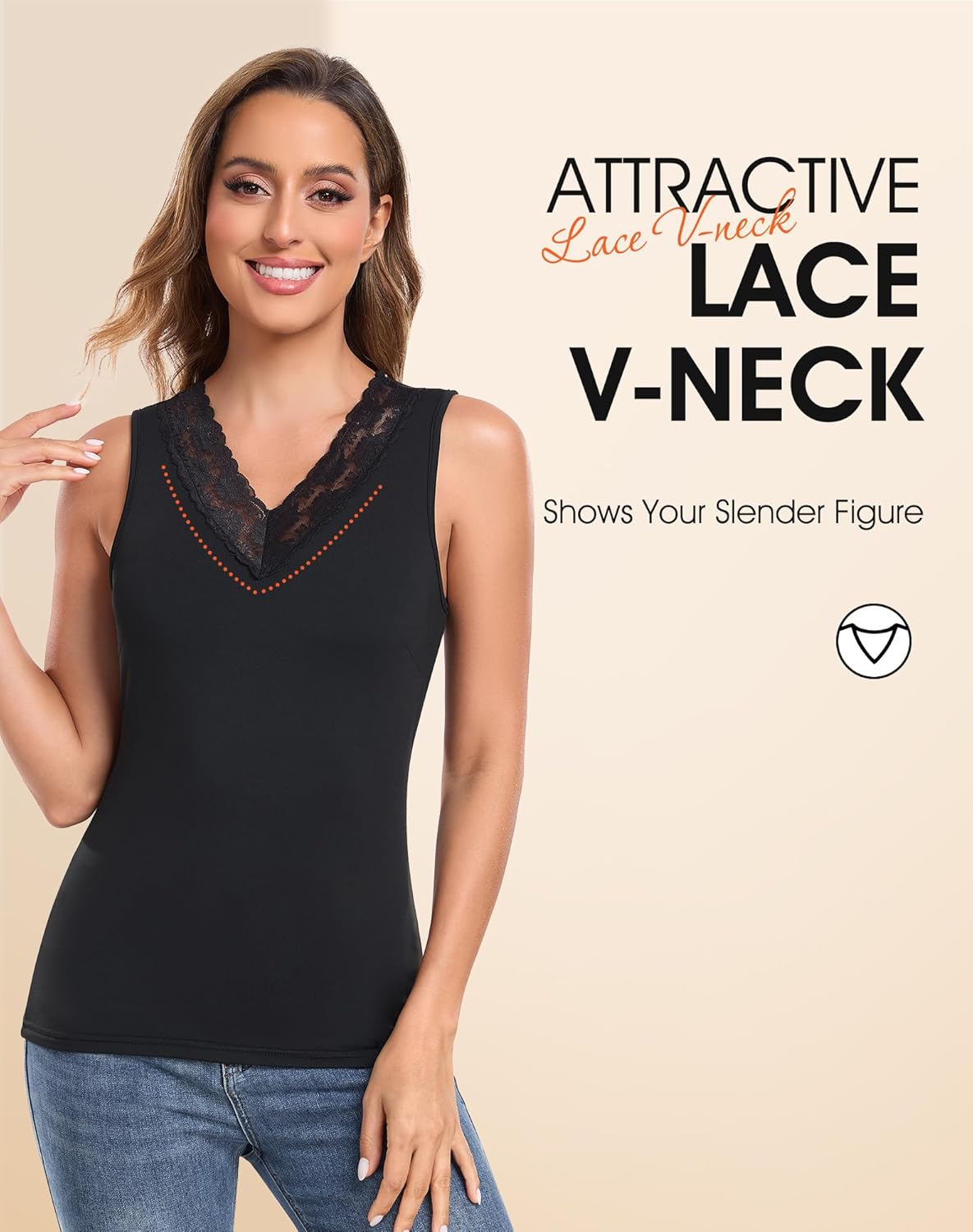 Thermal Tank Top for Women Lace V Neck Fleece Lined Base Layer Sleeveless Undershirts Thermal Underwear Vest for Cold