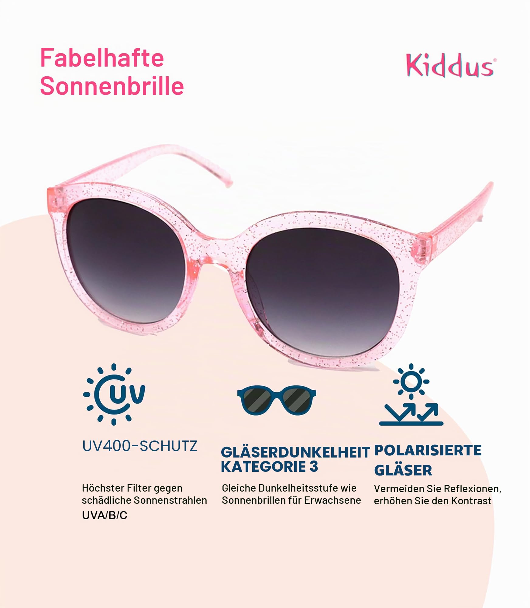 Kiddus Sonnenbrille Mädchen 6-9 Jahre Kinder Polarisiert UV400 CAT3, 100% UVA UVB Schutz, Europäisches Design, CE ISO REACH Zertifiziert, Leicht für Schule und Freizeit