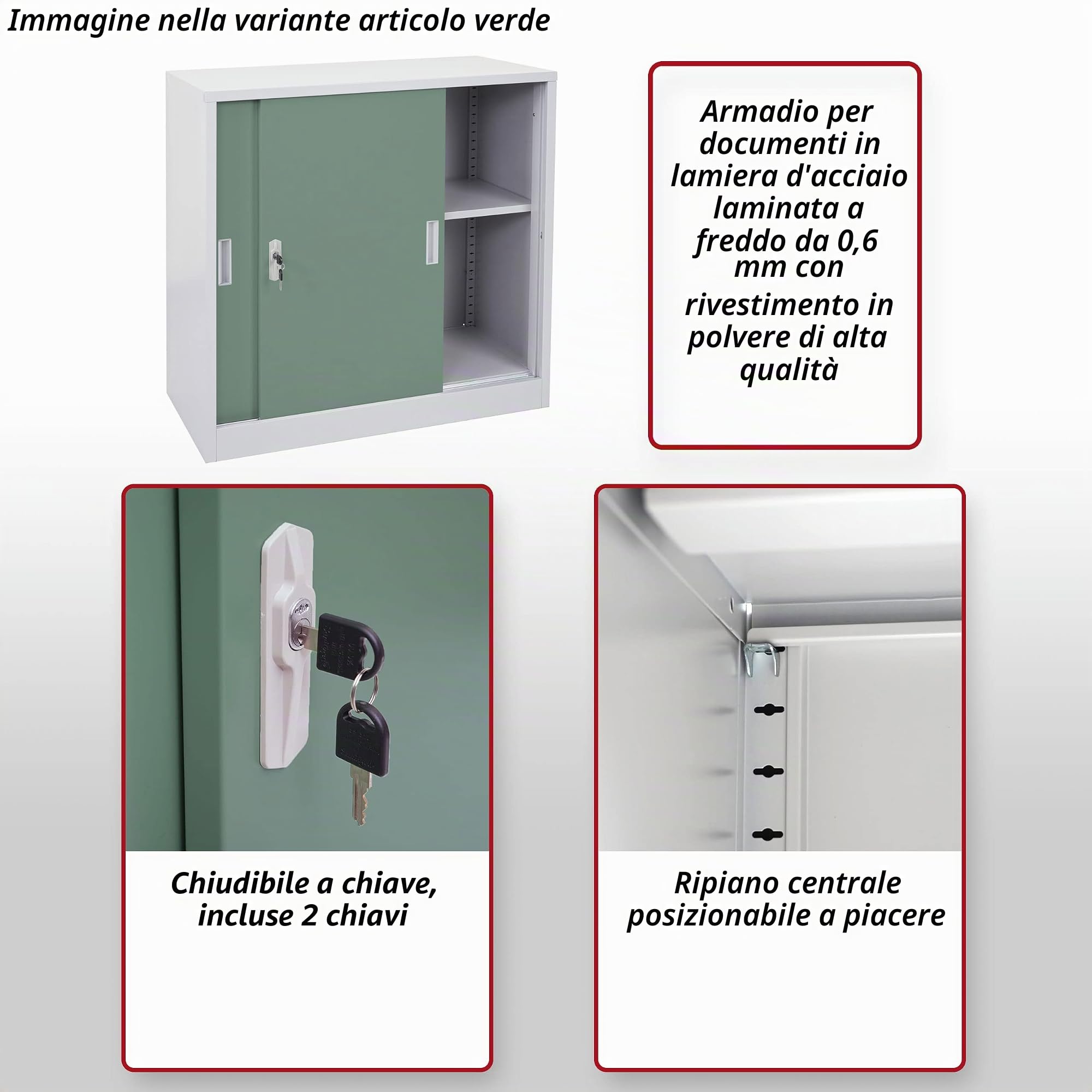 Mendler Arredo Ufficio archivio classificatore HWC-F41 Acciaio Ante scorrevoli 45x90x90cm Verde Grigio