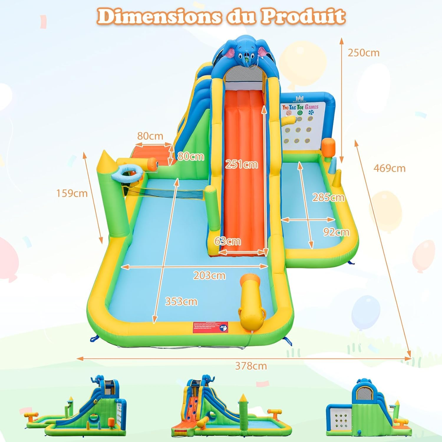 COSTWAY 9 en 1 Château Gonflable en Forme Éléphant avec Toboggan & Mur d'Escalade pour Enfant