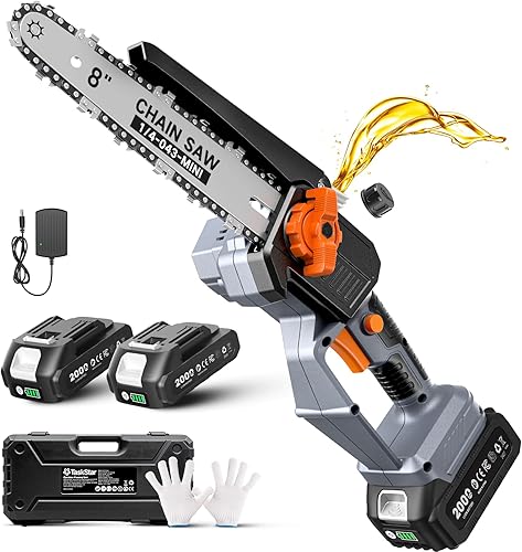 TaskStar Mini motosierra de 8 pulgadas con motor sin escobillas, lubricación automática, una batería de 2.0 Ah y cargador, sierra de podar