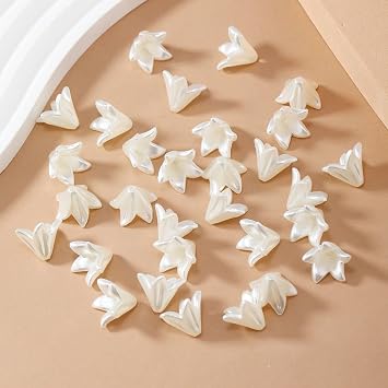 130Pcs Acrylic Lily Flower Beads for Jewelry Making Imitation Pearl Trumpet Floral Charm Bead Caps Aesthetic Beads for Earrings Necklace Bracelet DIY Craft Accessories SuppliesIvory White