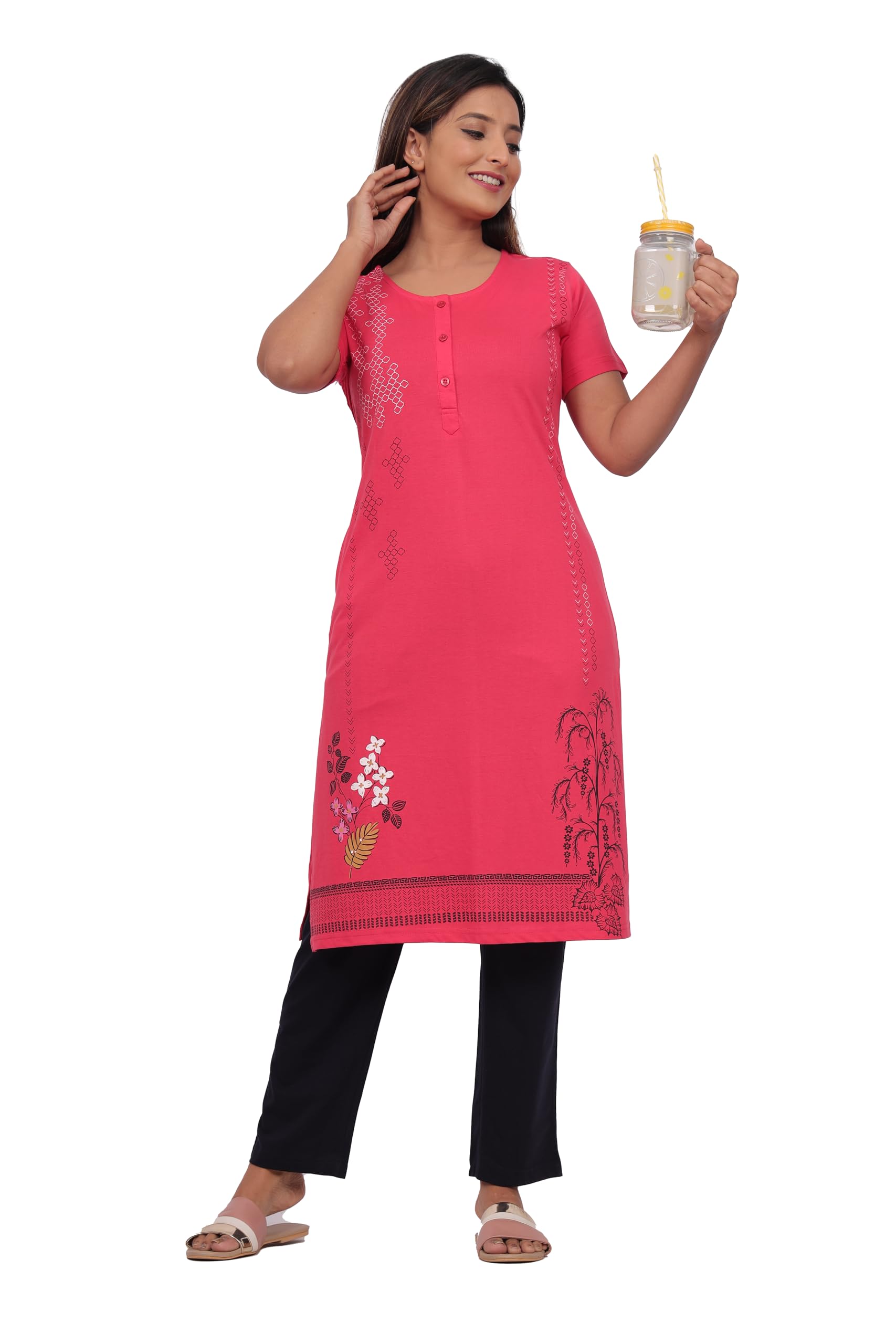 Women's Cotton Kurti with Pajama,Leaf Print,Orange, Short Sleeve, Side Slit, Button Neck-image-17