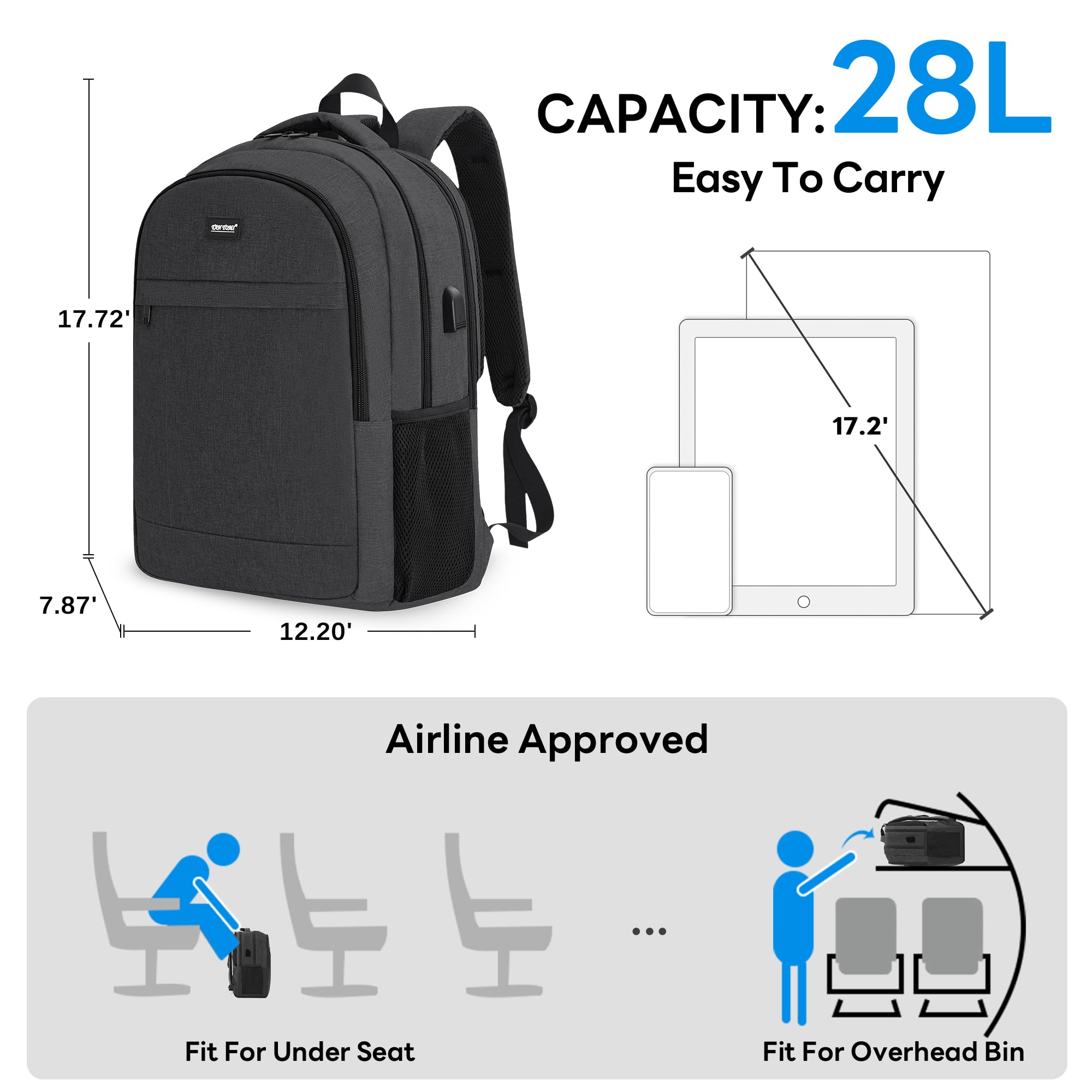 TANTOMI Grand sac à dos pour homme de 17,7 pouces avec port de charge USB, durable, antivol, résistant à l'eau, pour voyage, bureau, université, Noir , M, Classique