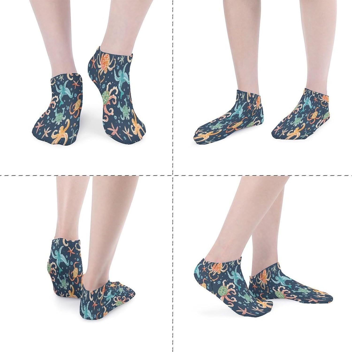 Turtle Octopus Pattern Ocean Theme Ankle Socks for Men Women 5 Pairs