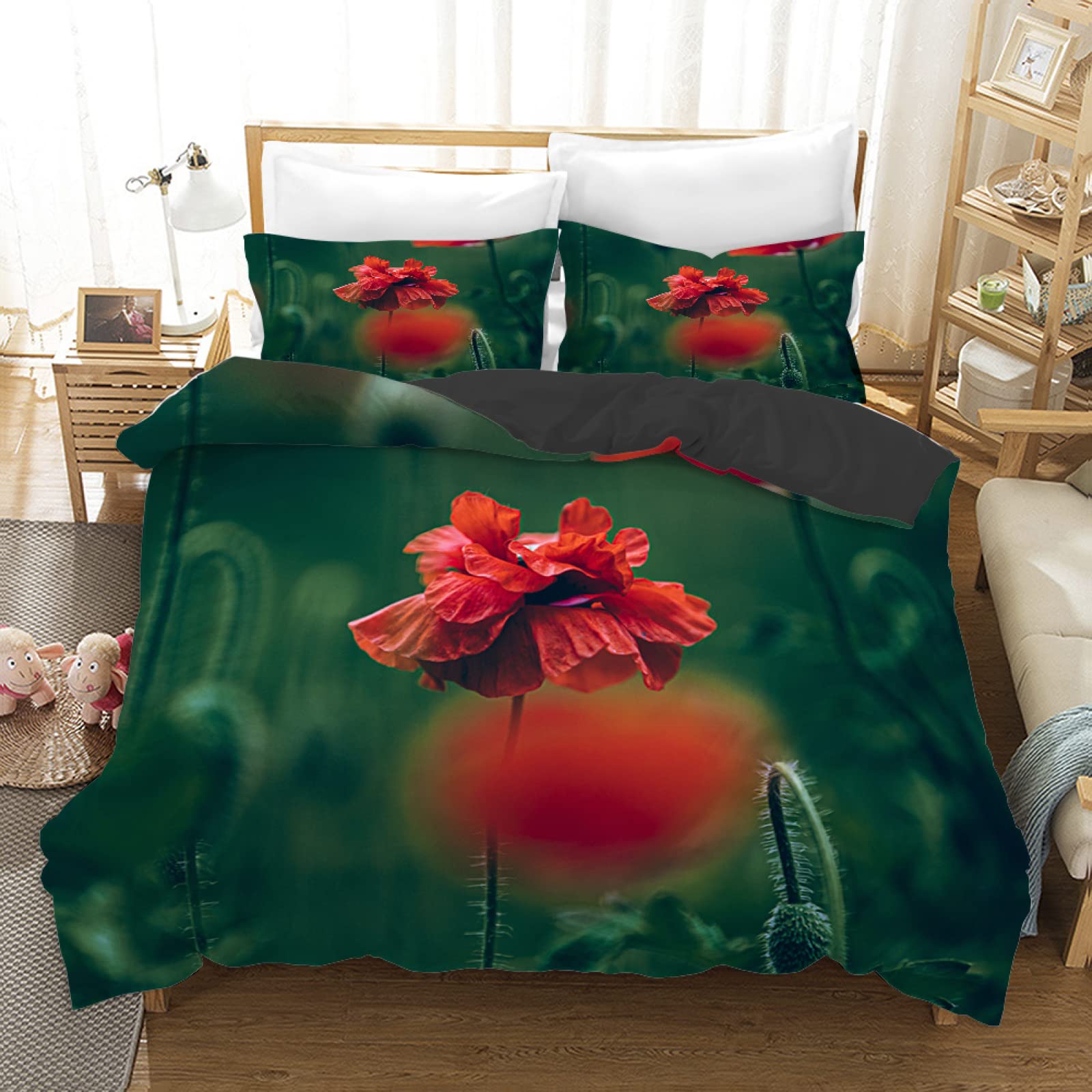 Housse de couette 140x200 carthame vert en microfibre avec 2 taies d'oreiller 65x65