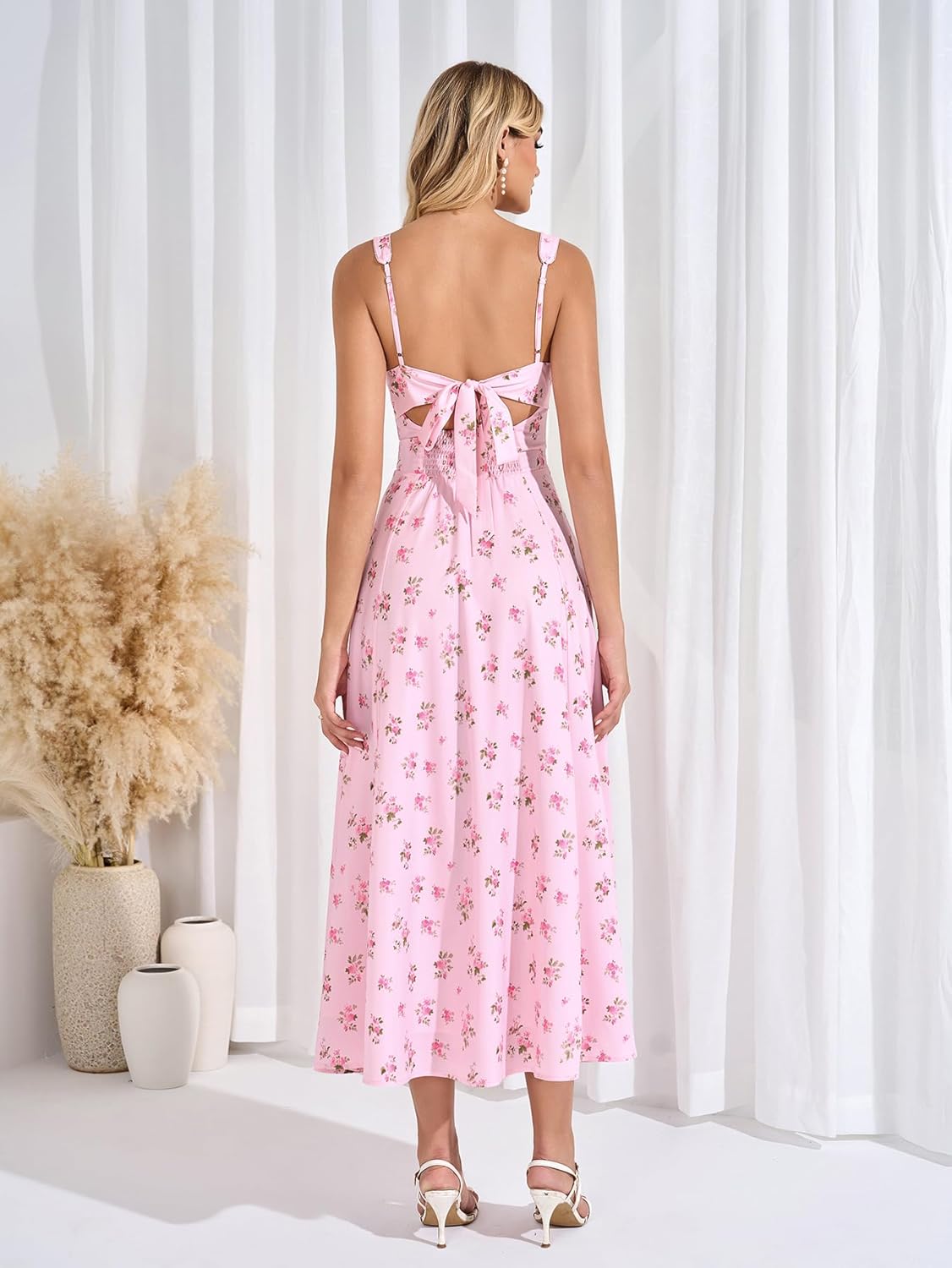 EYNMIN Floral Midi Wedding Guest Dresses for Women 2026 Summer Spring Lace Smocked Bow Tie Flowy A Line Boho Sundress
