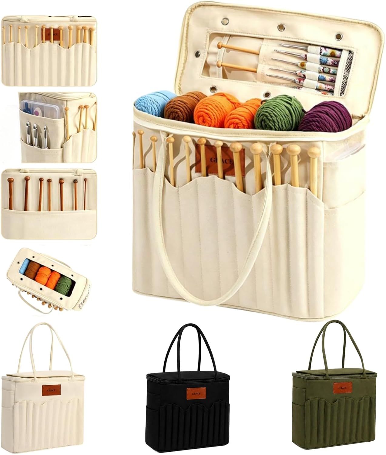 Canvas Yarn Storage Bag with Personalized Name Leather Patch, Large Canvas Yarn Bag for Crochet and Knitting, Crochet Organizer with Multiple Pockets & Yarns Holes, Birthday Gift for Mom Grandma