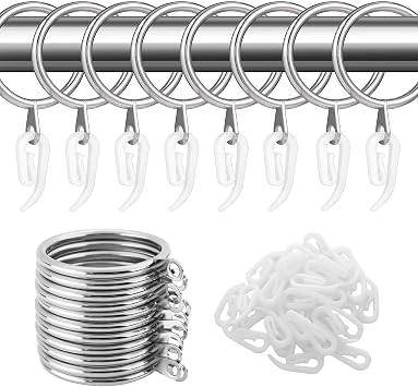 50 Pack Curtain Rings with Hooks, Metal Curtain Ring 30mm Inner Diameter with White Plastic Hooks for Rods Under 27mm, Sliding Eyelet Curtains Rings for Window Shower Closet Door Bed Curtains, Silver