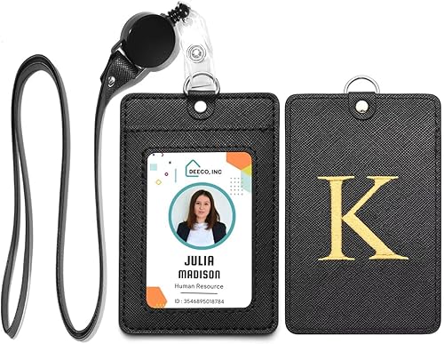 Portatarjetas con inicial con cordón retráctil ajustable, letras bordadas de piel sintética con ventana de identificación transparente para