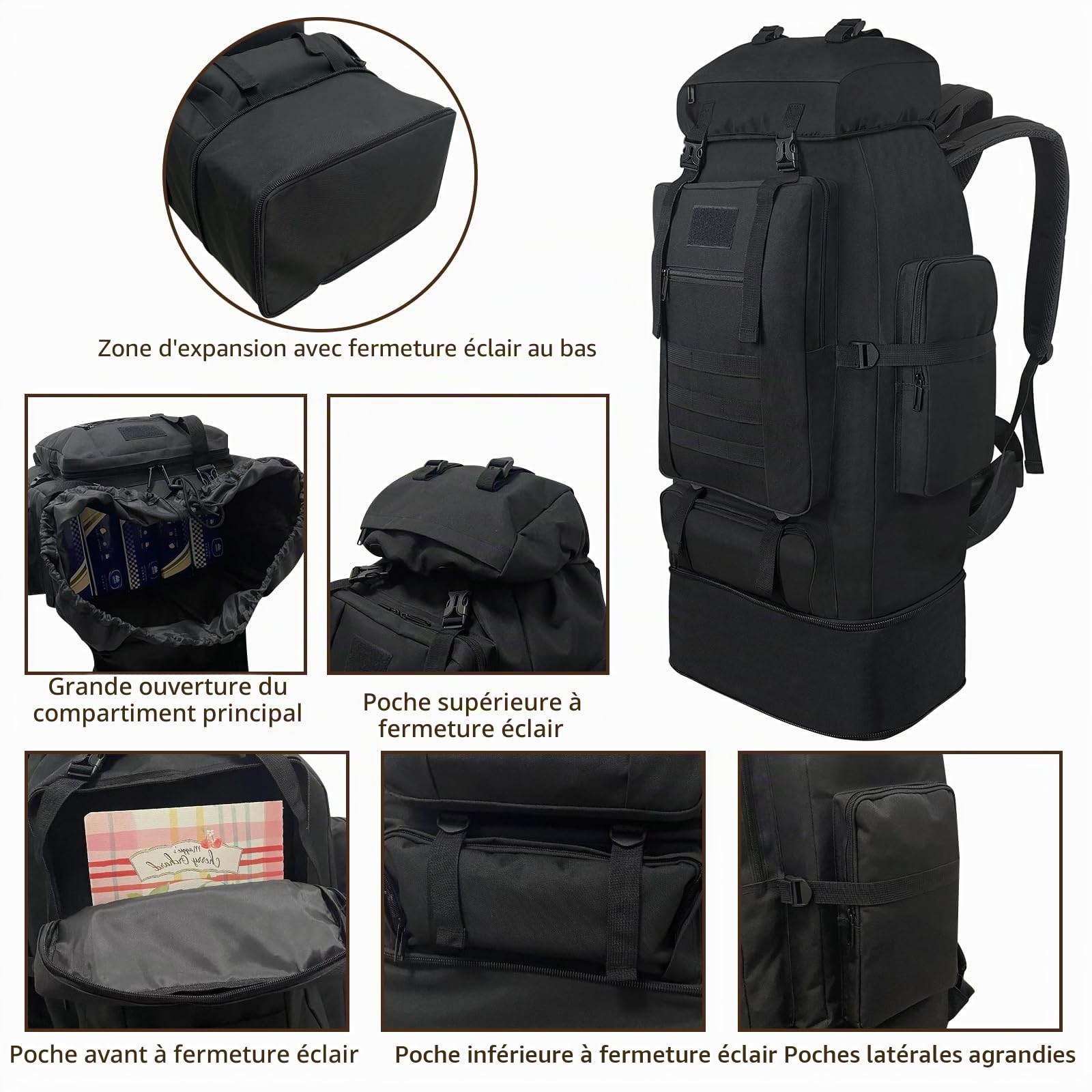 Sac à Dos de Randonnée 100L - Grand, Extensible, Imperméable, Tactique Militaire pour Camping, Voyage, Sport en Plein Air - Hommes et Femmes