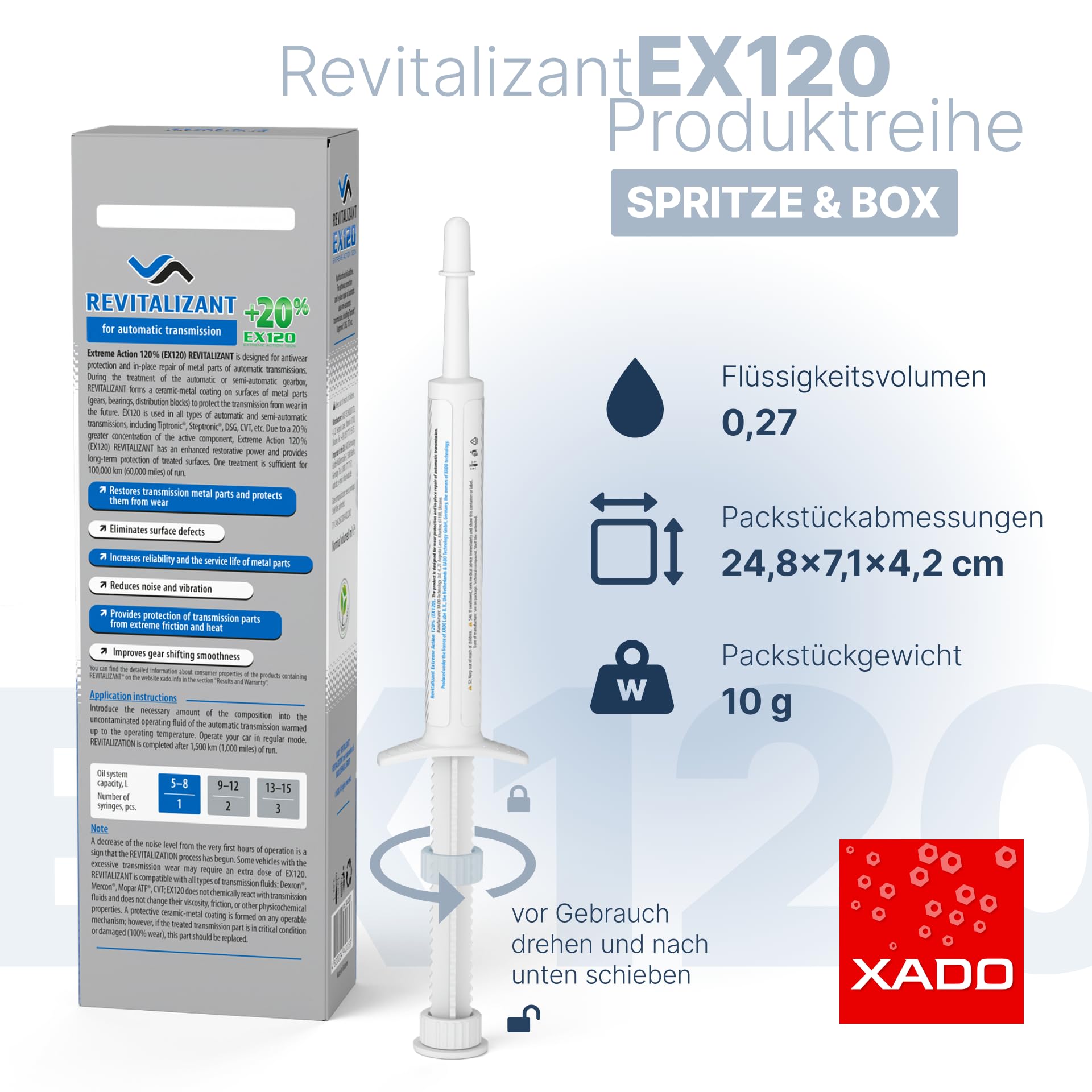 XADO Revitalizant EX120 para transmisiones y cajas de cambio automáticas. Aditivo concentrado que protege y reconstruye las superficies dañadas