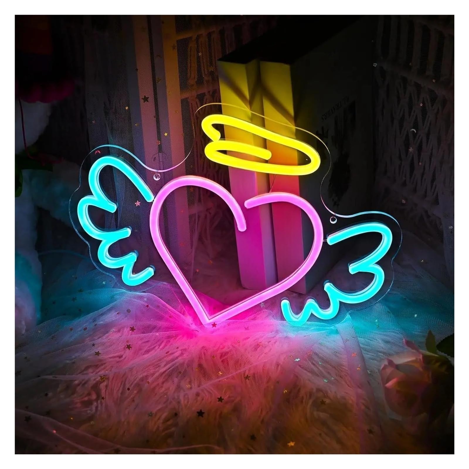 Señal de luz de neón Lámpara regulable con forma de corazón y alas ángel para letrero neón