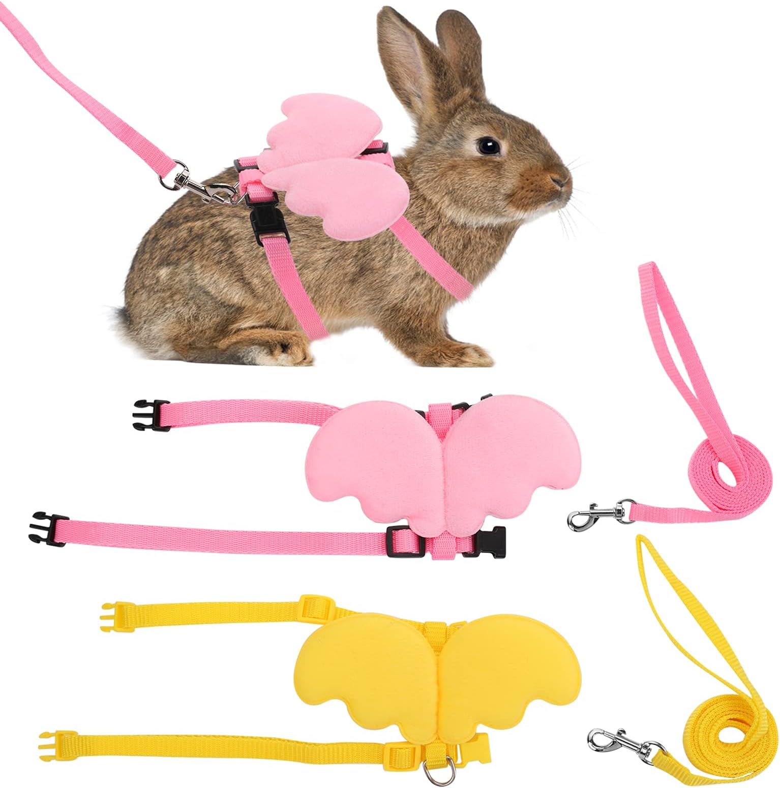 Molain2Pcs Rabbit Harness and Leash, Adjustable Bunny Harness, Kitten Vest Harness and Leash Set, Cute Wings Pet Harness Leash Set for Bunny Puppy Kitten Ferret and Other Small Animals (Yellow+Pink)