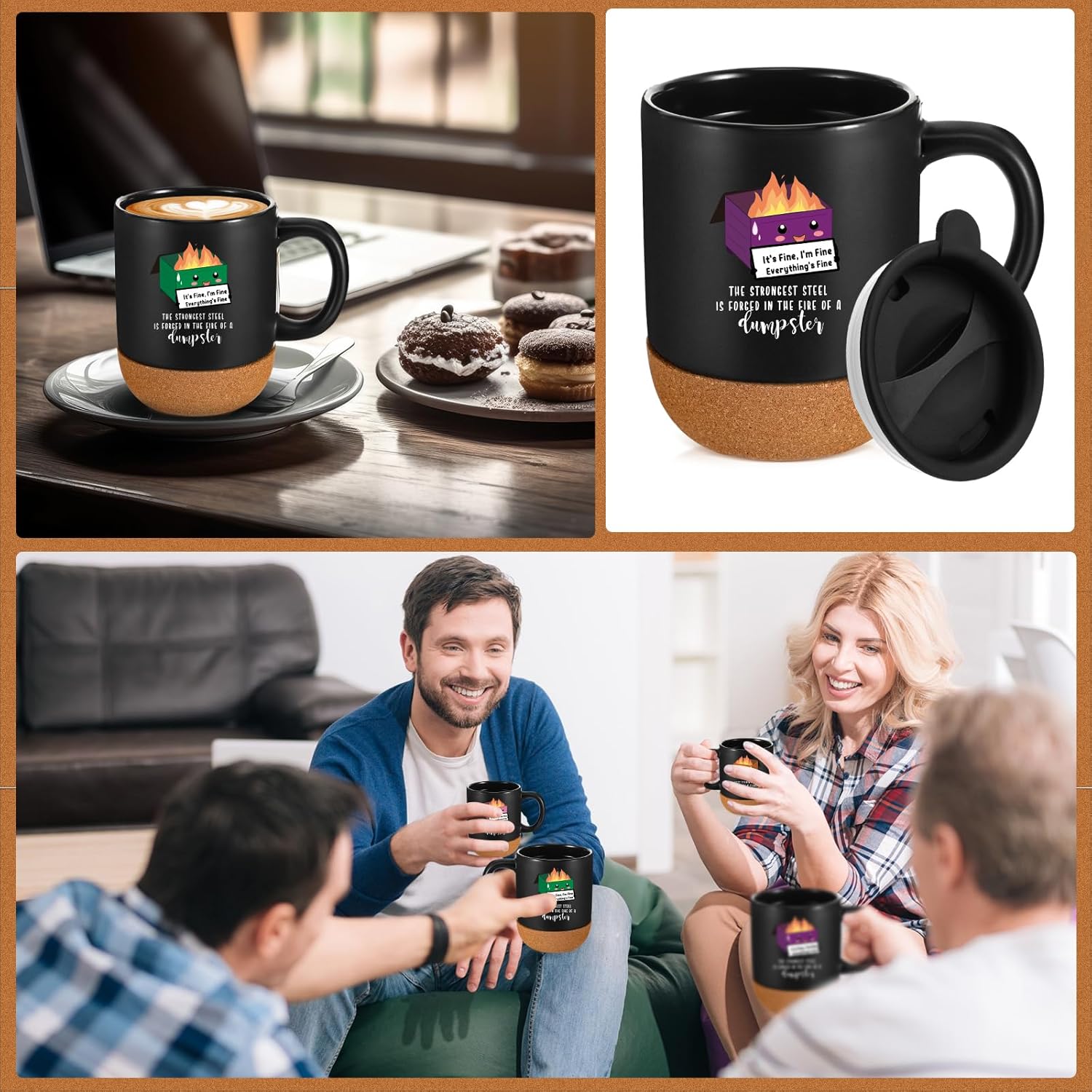 6 Pcs Funny Dumpster Fire Mug Bulk with Removable Cork Bottom Employee Emotional Appreciation Coffee Mugs Support for Coworker Teacher Nurse, 13.5 oz