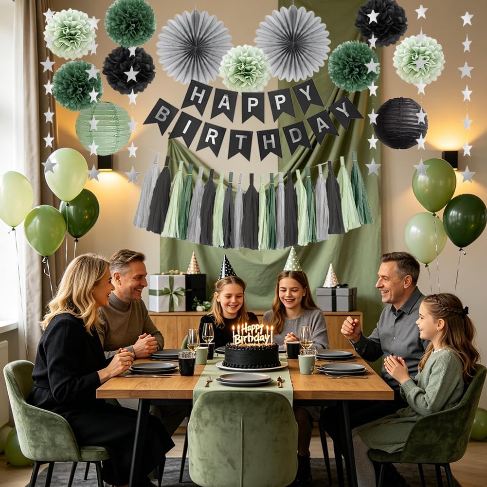 Sage Green Black Birthday Decorations Happy Birthday Banner Paepr Pom Poms Paper Fans Lanterns Tassels Garland Green Black Grey Party Supplies for Men Boys Birthday
