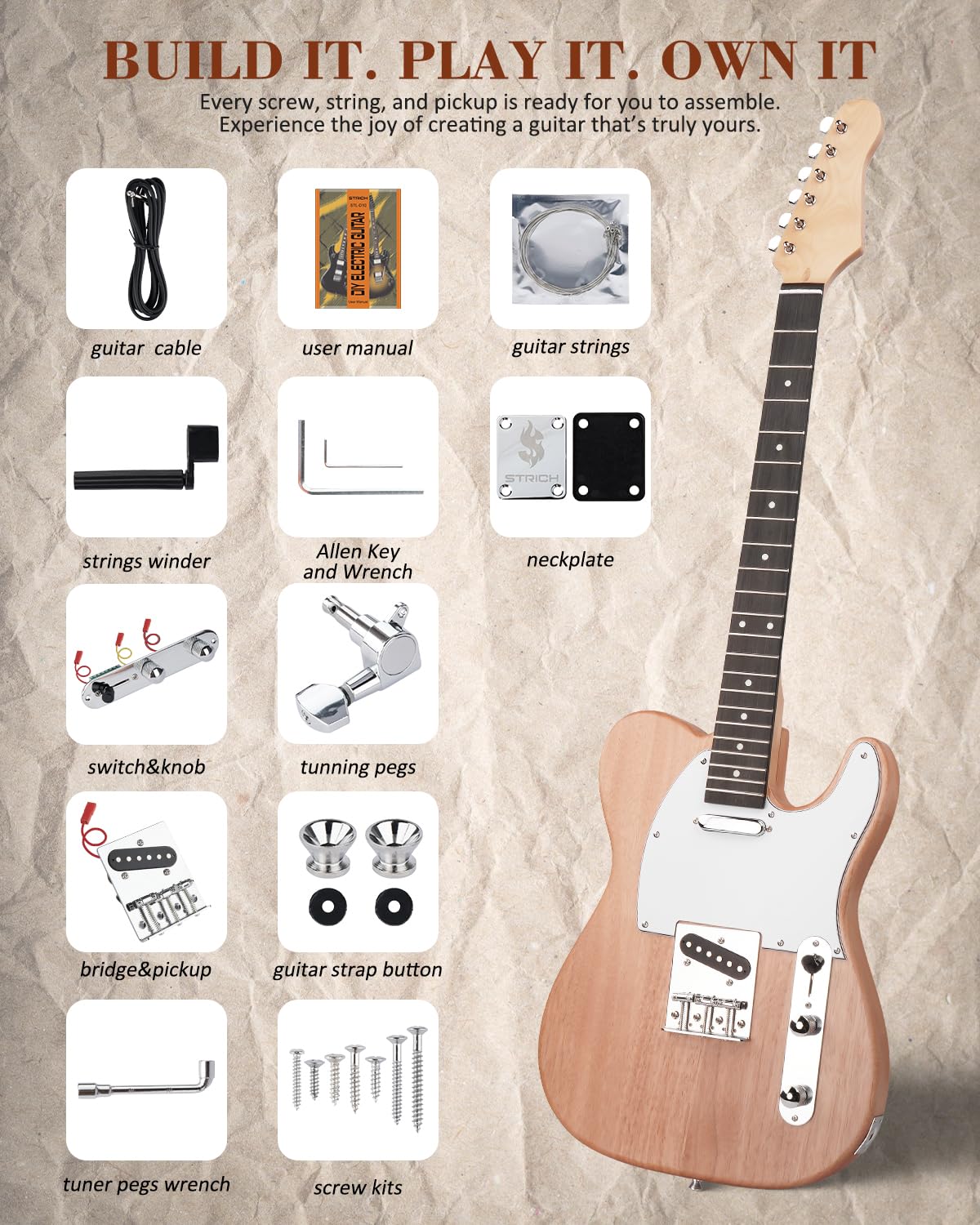 STRICH DIY E-Gitarre Kit, TL-Style Mahagonikorpus & Ahornhals mit SS-Tonabnehmern, einfach zu montierendes Kit mit allen Teilen - bauen Sie Ihre eigene E-Gitarre STL-D10