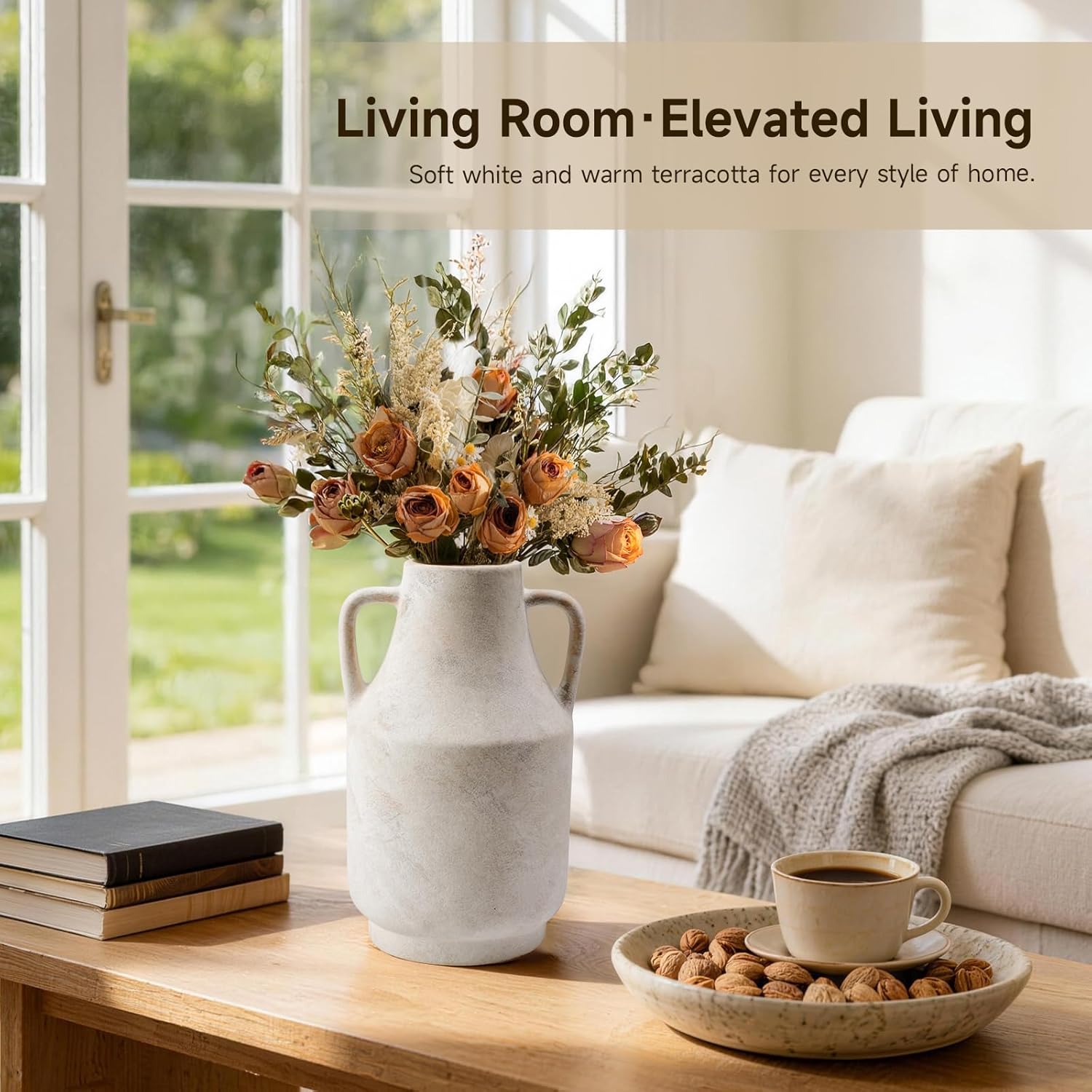 Ceramic Flower Vase with Handles – 11 Inch Tall Rustic Farmhouse Centerpiece Vase, Distressed Terracotta Style Decorative Vase, Living Room, Dining Table, Entryway & Fireplace Home Decor, White - Image 2