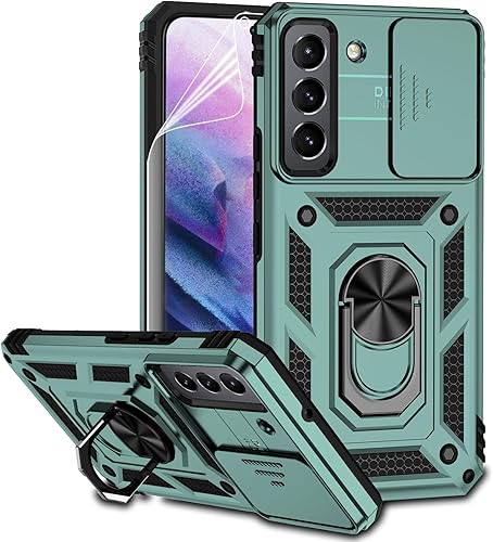 Funda para Samsung Galaxy S22 con protector de pantalla para lente de cámara, doble capa de grado militar, probada contra caídas, soporte de anillo
