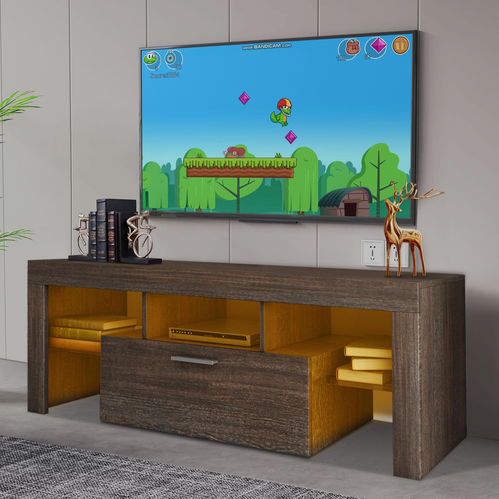 YOFE Modern LED TV Stand,Entertainment Center for 55Inch TVs,High Glossy Front TV Cabinet with 2 Large Storage Drawer for Lounge Room, Living Room or Bedroom (Black)