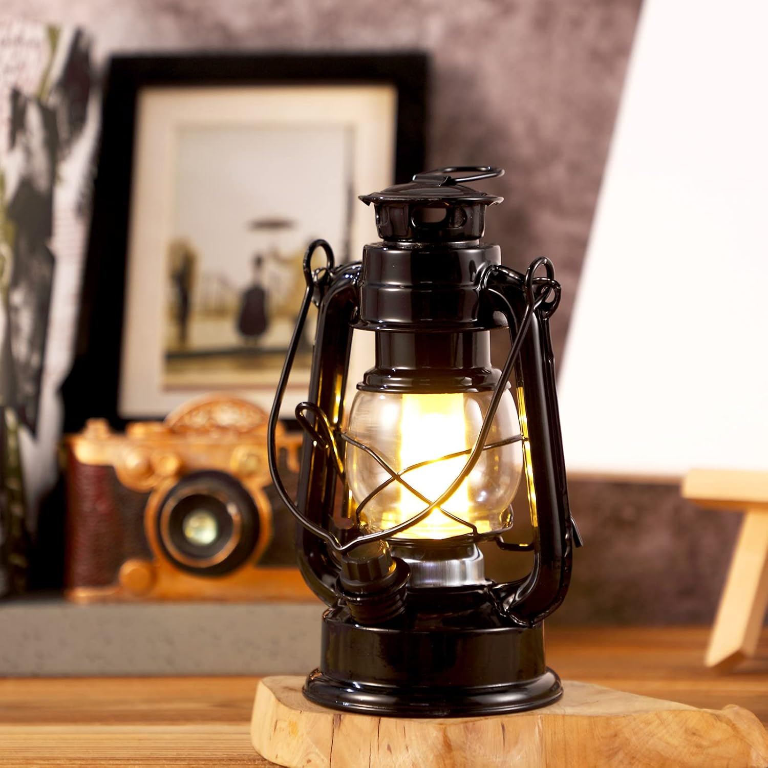 Hortsun 8 Pcs 8 Inch Vintage LED Hurricane Lantern Metal Black Outdoor Battery Operated Hanging Lantern with Warm LEDs and Dimmer Switch for Indoor Rustic Farmhouse Country Camping Decor