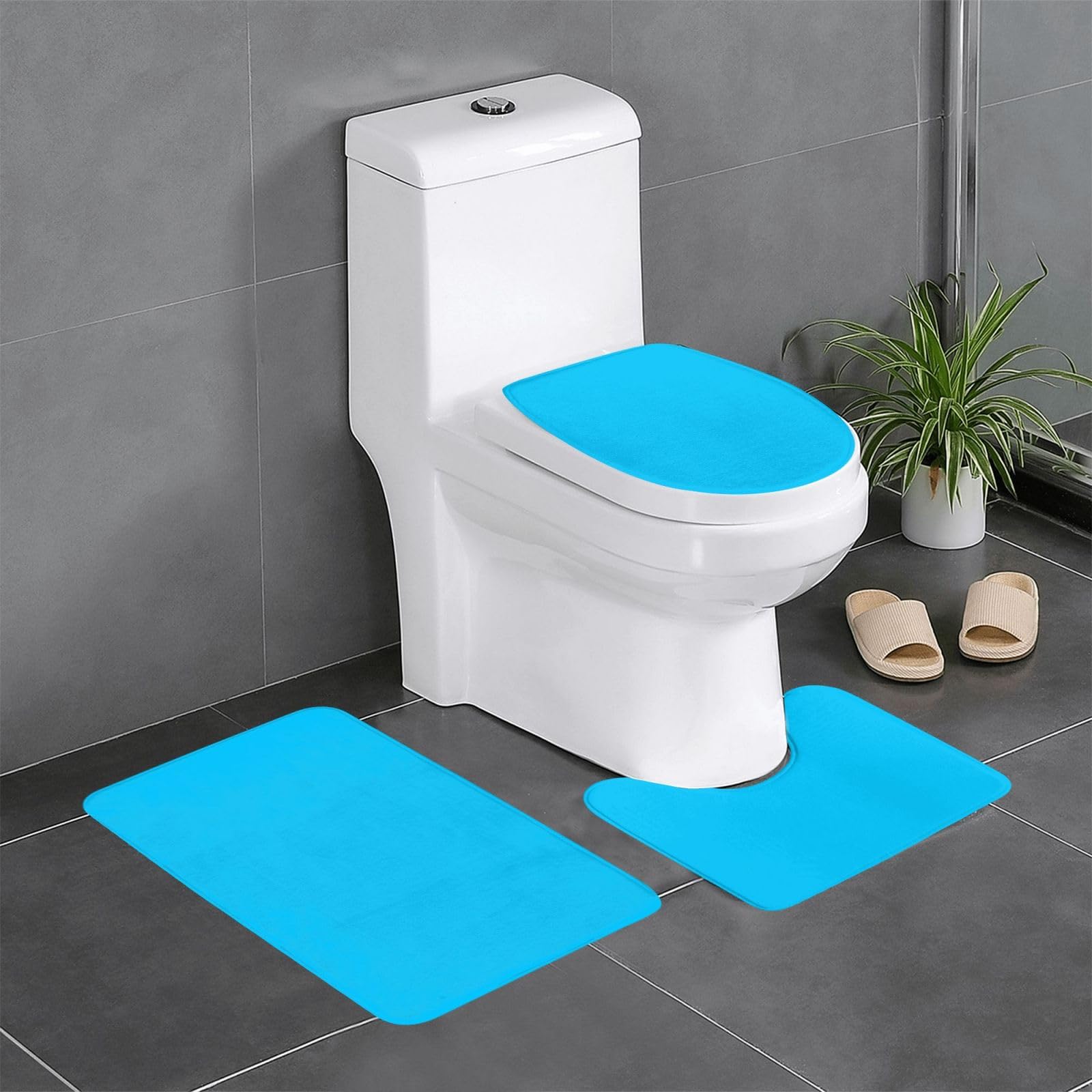 Tapis de salle de bain bleu lavabo et toilettes ambiance bien-être