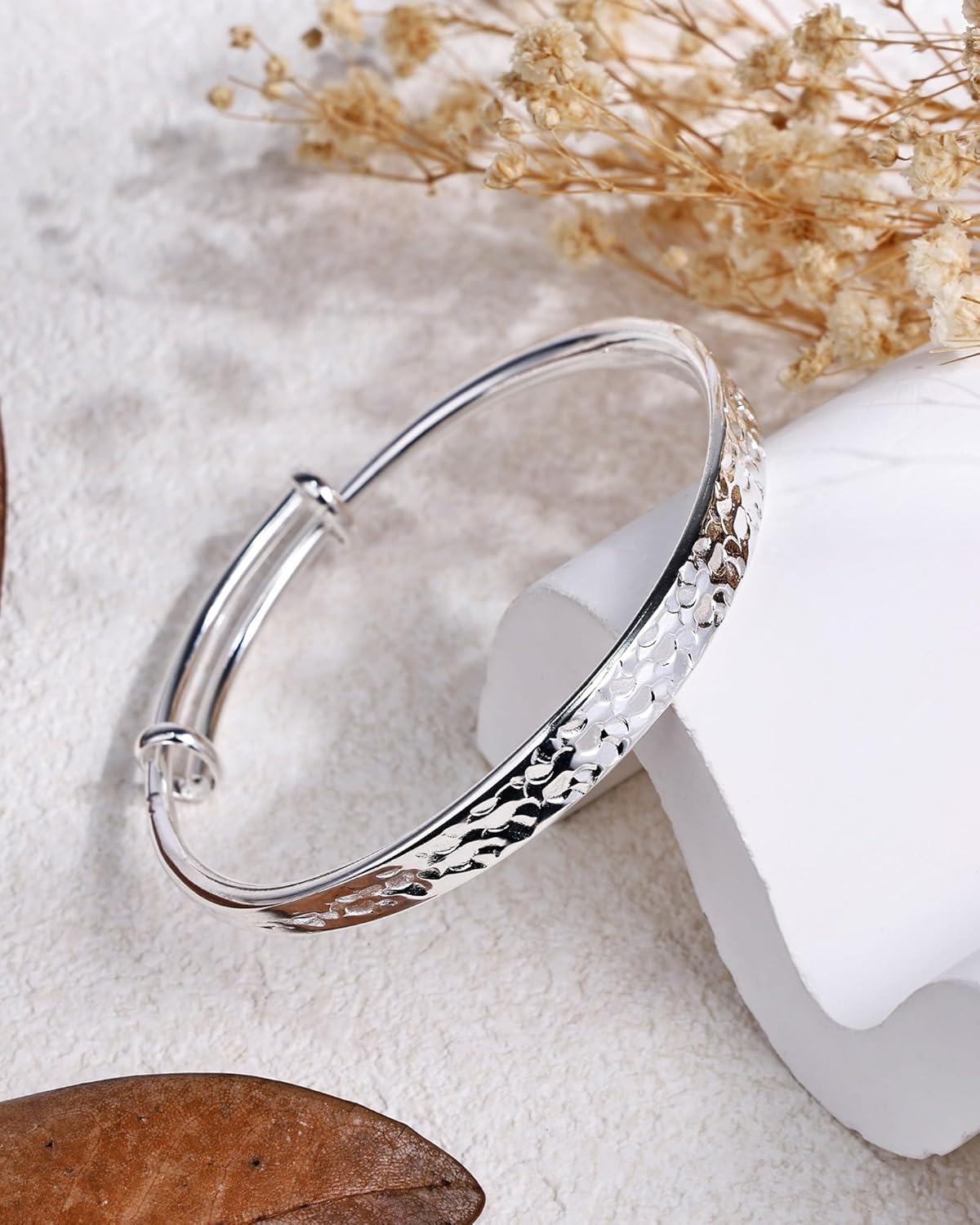 Hammered Texture Sterling Silver Bracelet for Women - Adjustable Silver Cuff Bangle, Elegant Boho Chic Jewelry Gift - Image 5