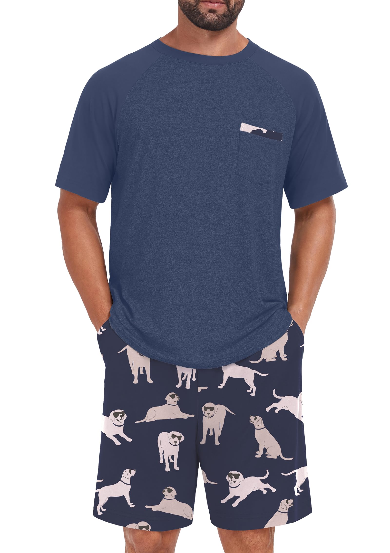 Mens Pajamas Set Shirt and Shorts Lightweight Summer Sleepwear