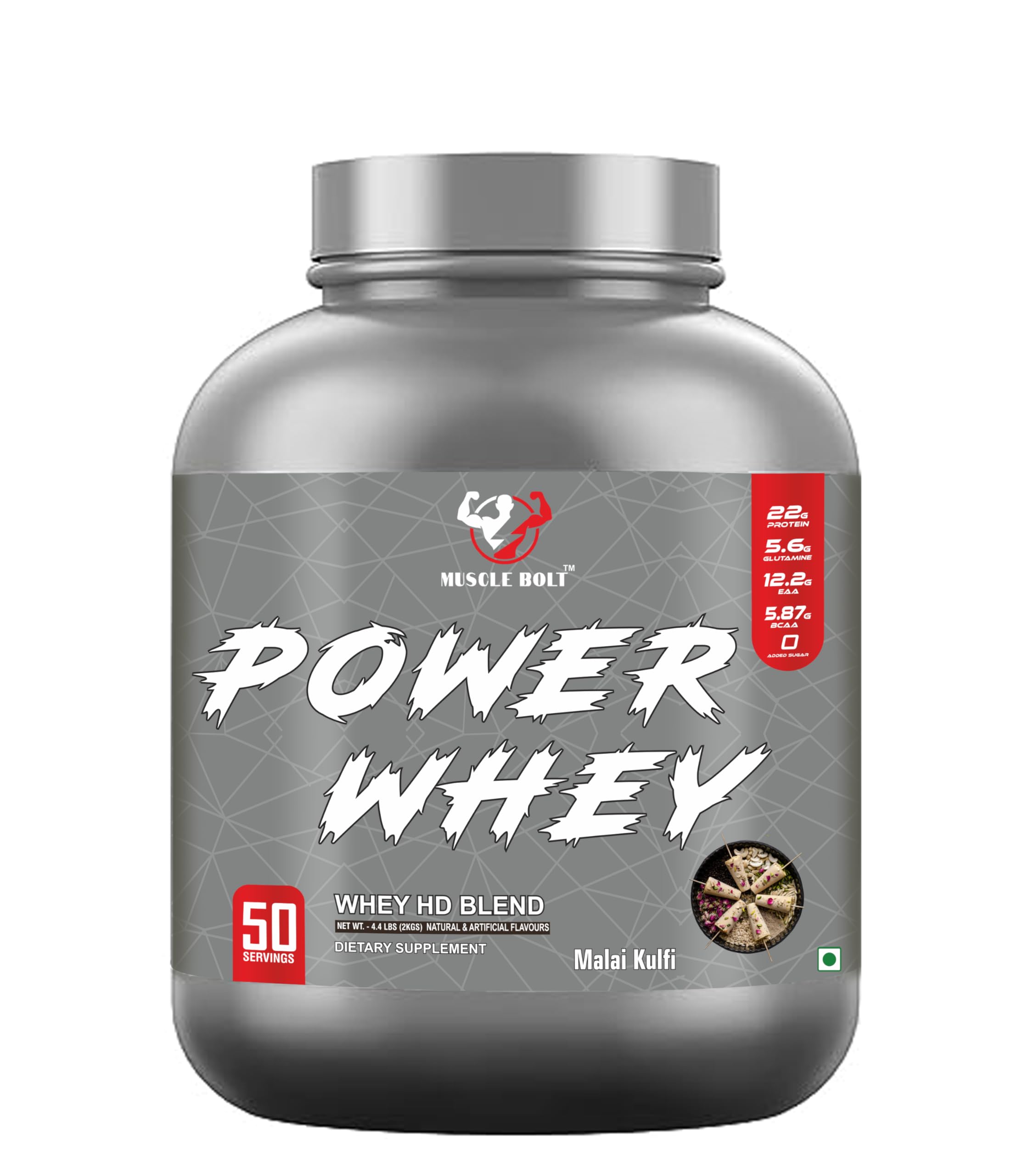 MUSCLEBOLT 2Kg / 4.4 lbs Power Whey Protein HD Blend (Malai Kulfi 50 Servings) with 22g Protein, 5.6g Glutamine Per Serving With Digestive Enzymes for better absorption Improve Muscle Building (B0D266SQB2) Amazon Price History, Amazon Price Tracker