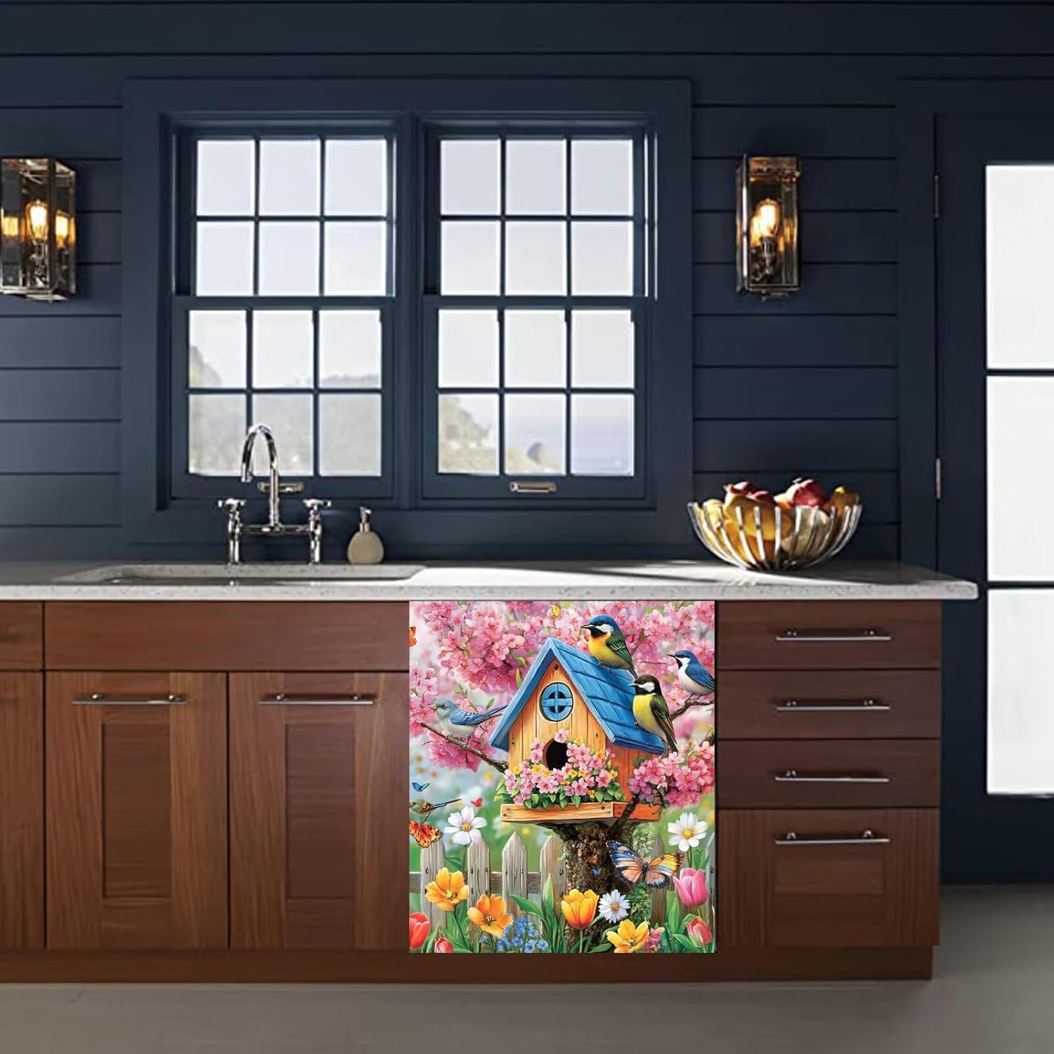 Blue Birds Magnet Dishwasher Front Door Cover Skin Panel Bird House Home Appliance Magnet Refrigerator Cover Spring Colorful Flowers Full Stickers for Kitchen - 23" x 26", Magnetic