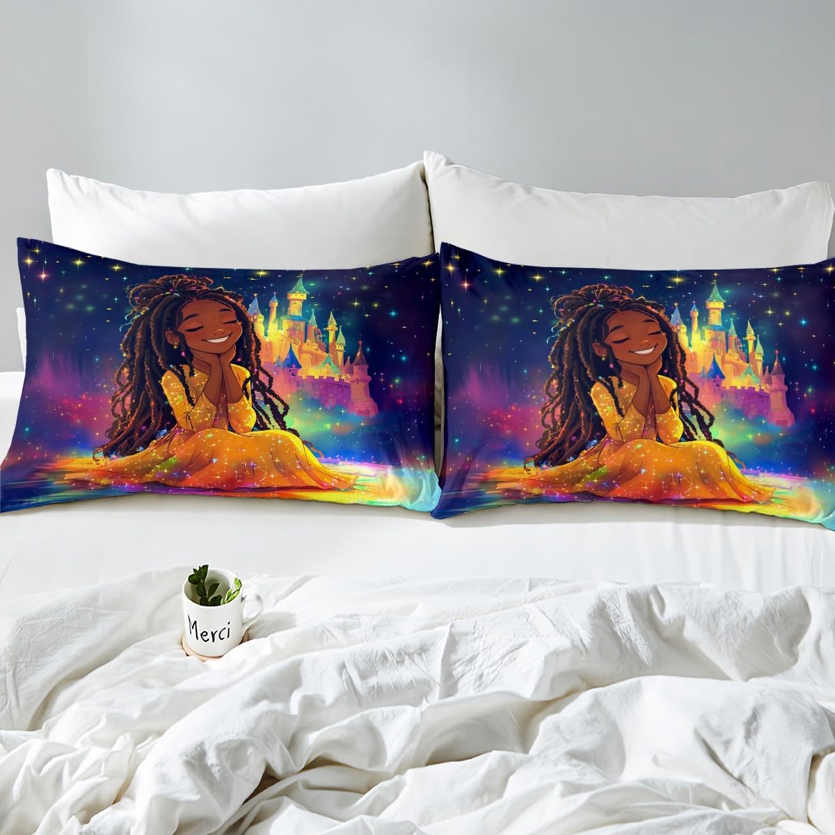 jejeloiu Kids Cute Black Girl Comforter Cover Set Toddler Size African American Girl Bedding Set for Boys Girls Princess Theme Duvet Cover Bedspread Cover Quilt Cover,No Stuffing（No Glitter）