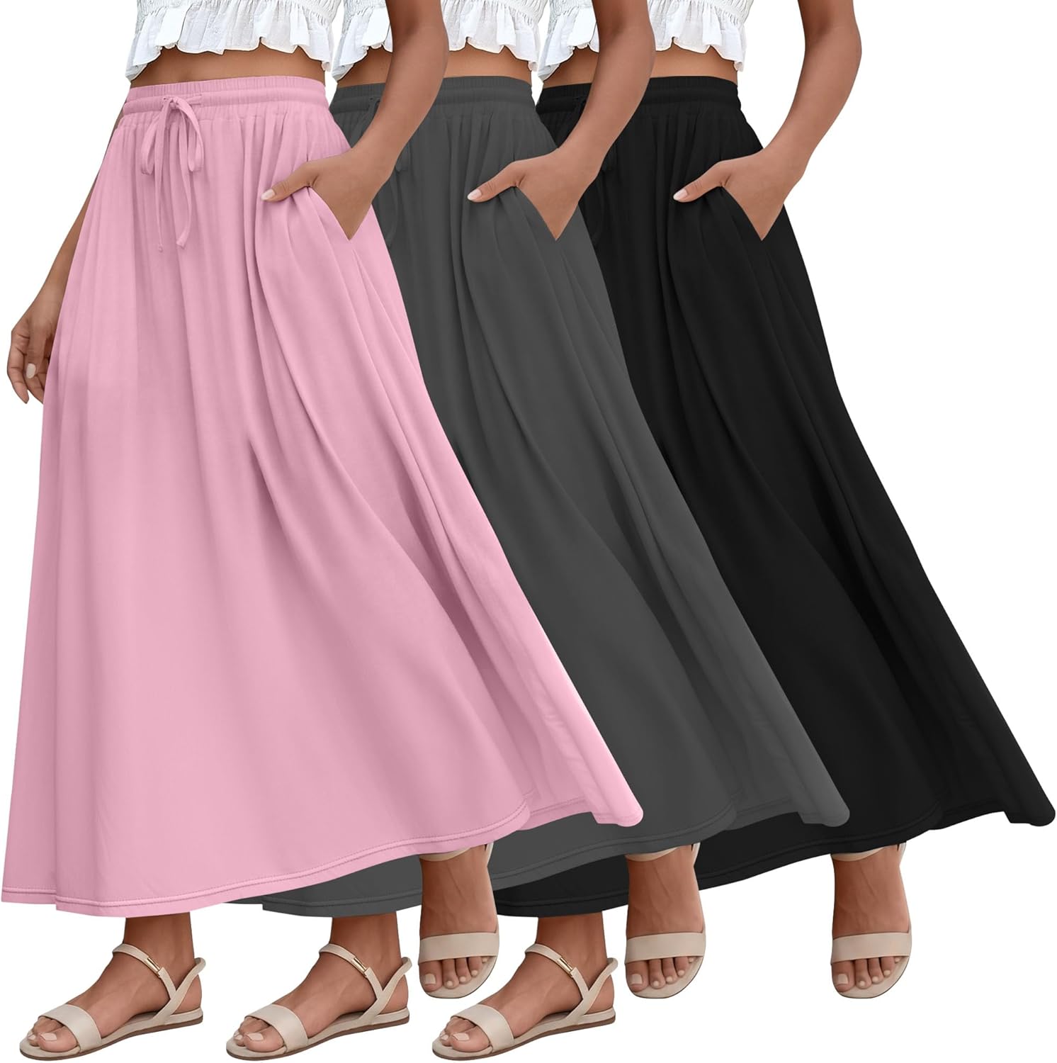 Ficerd 3 Pack Women's Maxi Long Skirts, Ankle Length a Line Elastic High Waist Summer Casual Drawstring Skirts with Pockets