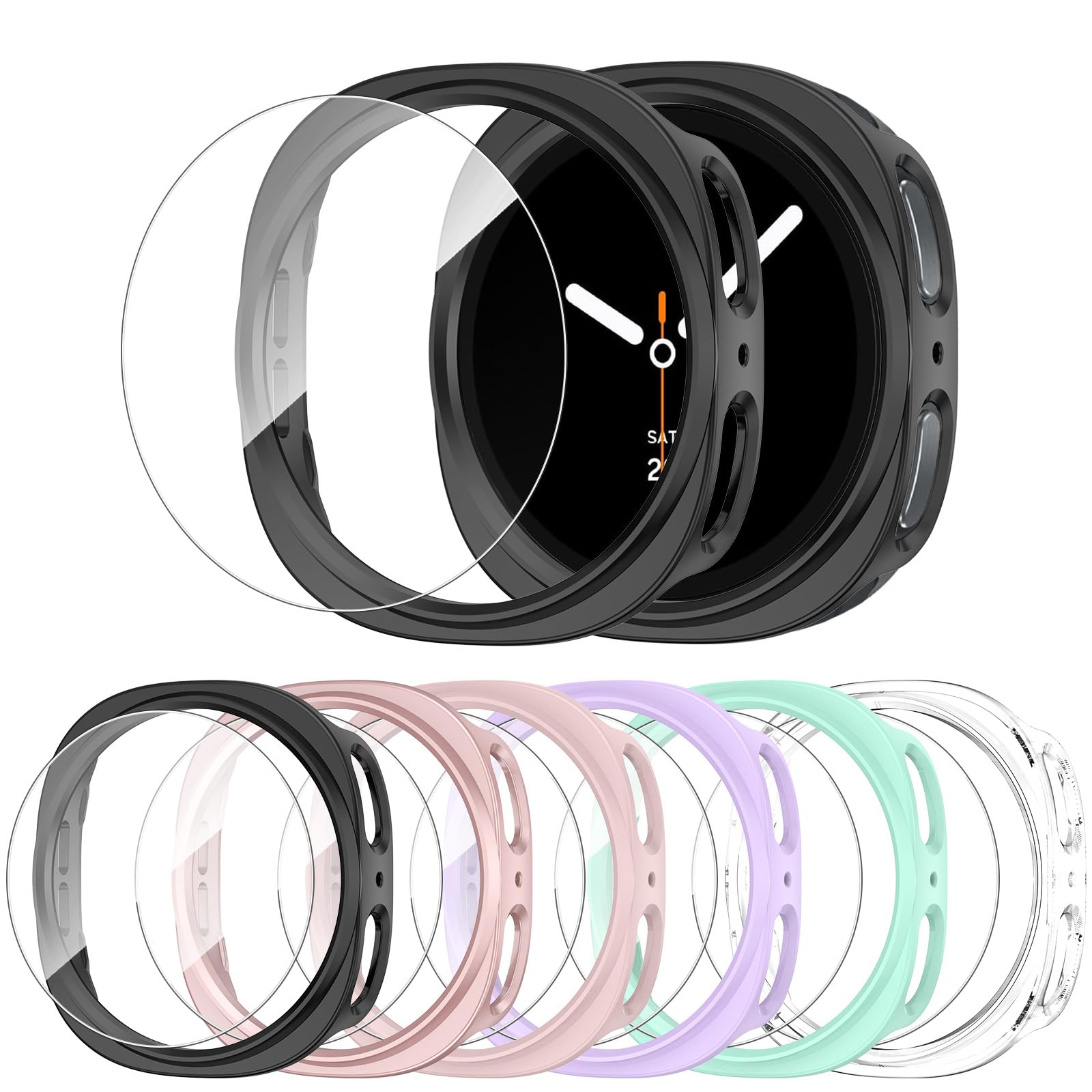 HAANILKYI [Paquete de 6+6] Funda protectora de pantalla para Samsung Galaxy Watch 8 de 44 mm, vidrio templado antivaho y cubierta protectora de policarbonato duro impermeable para Galaxy Watch8 de 44