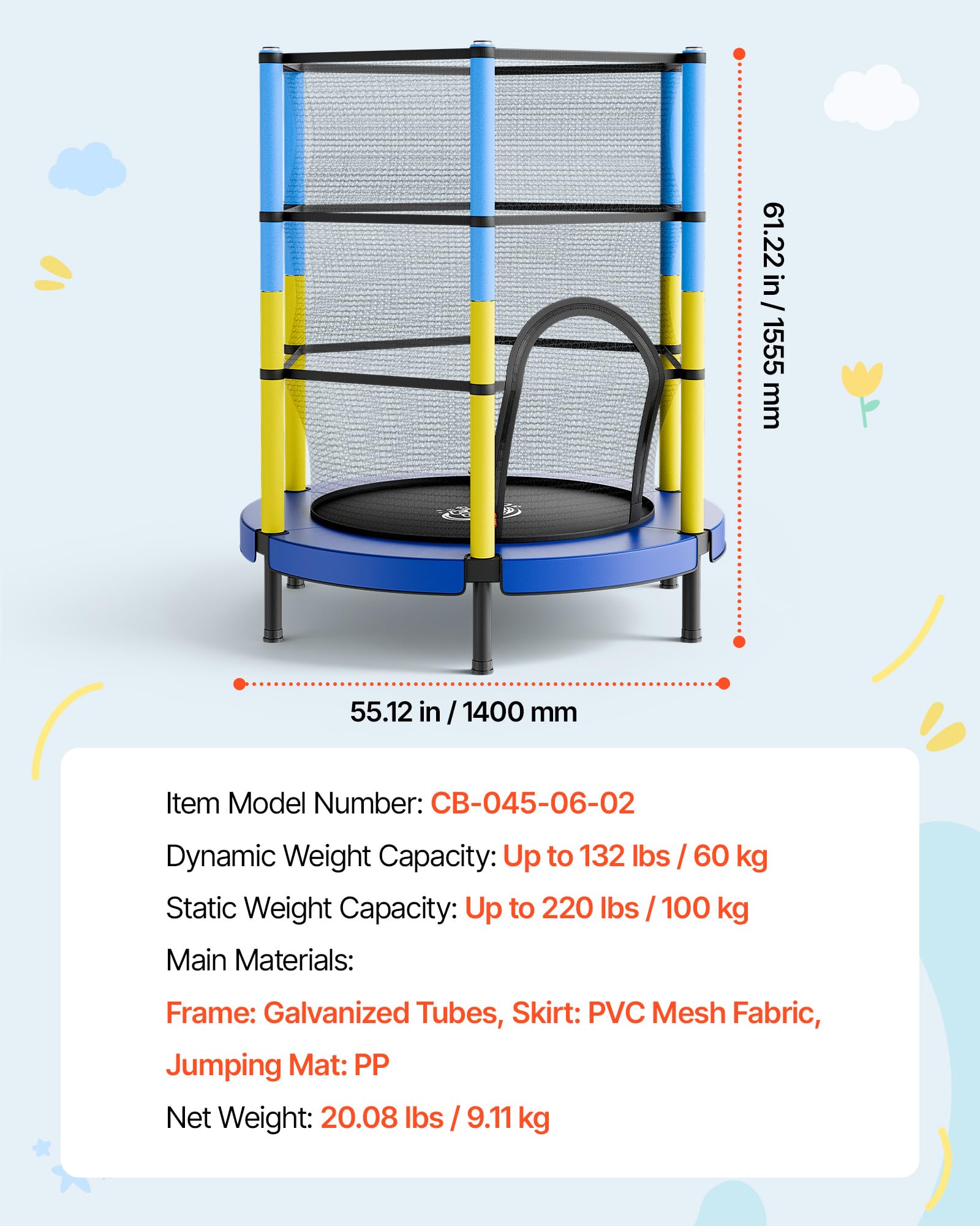 VEVOR Trampolino Elastico Giocattolo Bambini 142 cm Carico Dinamico 60 kg, Trampolino con Rete di Protezione a 360° per Salto, Struttura Rotonda, Gioco Ginnastico da Esterno Interno, Casa Cortile