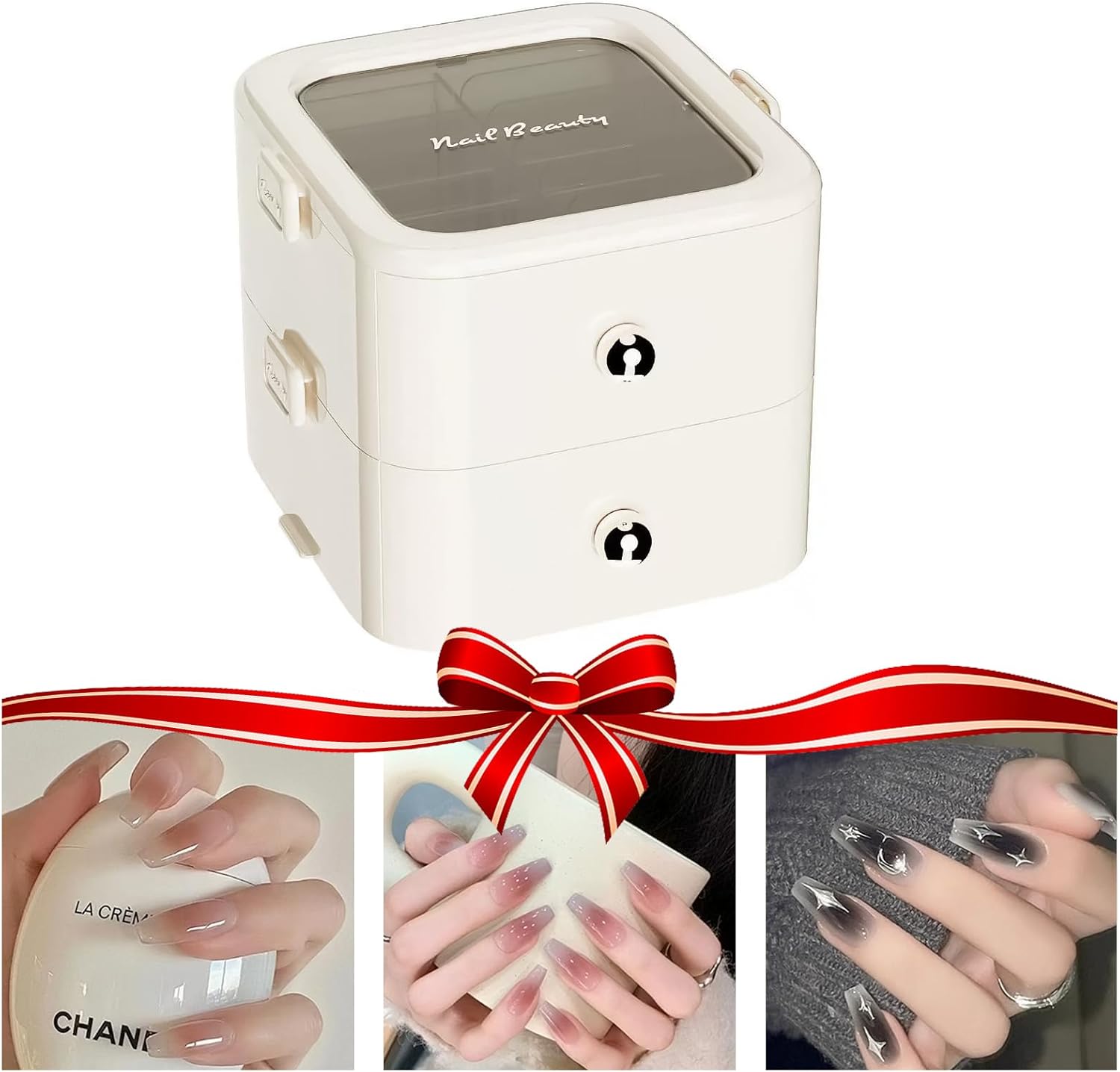 Double Layer Nail Tips Display Caddy with Glass Lid - Countertop Acrylic Nail Organizer Box for Press on Nails, 80+ Slots Storage, Portable Nail Art Storage Case for Salon, Nail Tech, Home Use