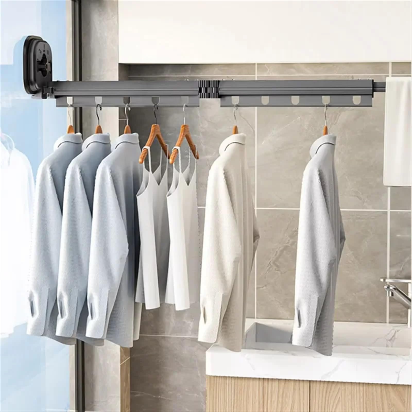 Stendibiancheria allungabile Stendibiancheria a Parete con aspirazione, Pieghevole, salvaspazio, stendibiancheria, stendibiancheria Retrattile, Resistente al carico(Dark Gray-2 Fold)
