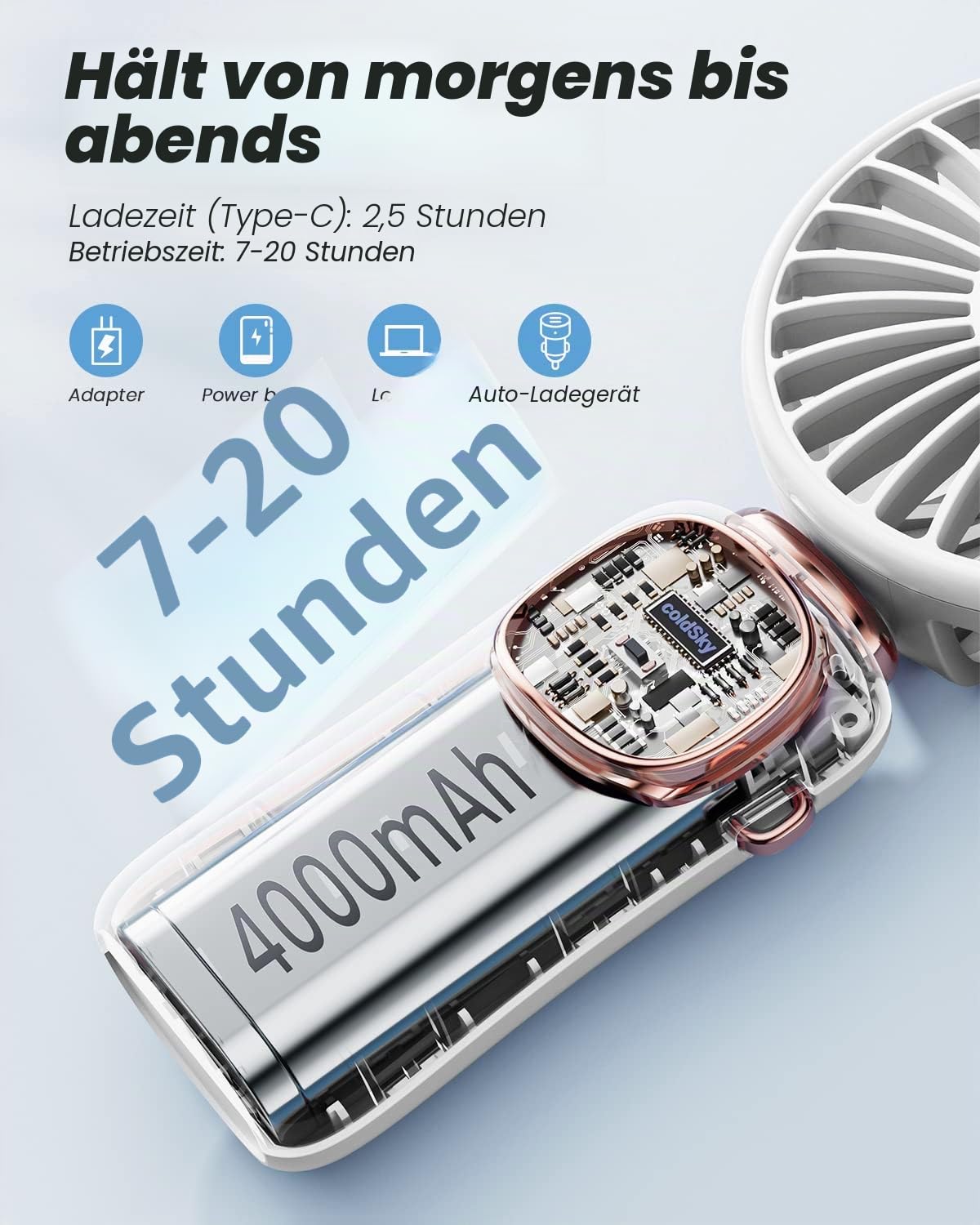 coldSky Tragbarer Handventilator, 4000 mAh, batteriebetrieben, 3-in-1-Multifunktions-Reiseventilator mit Digitalanzeige, kleiner Ventilator für Damen und Herren, drinnen und draußen