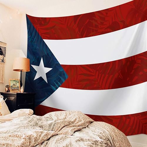 Miniatura 3 de Tapiz para colgar en la pared, tapices estéticos de bandera de Puerto Rico, estrella de hojas de palmera, rayas rojas y azules, tapiz patriótico