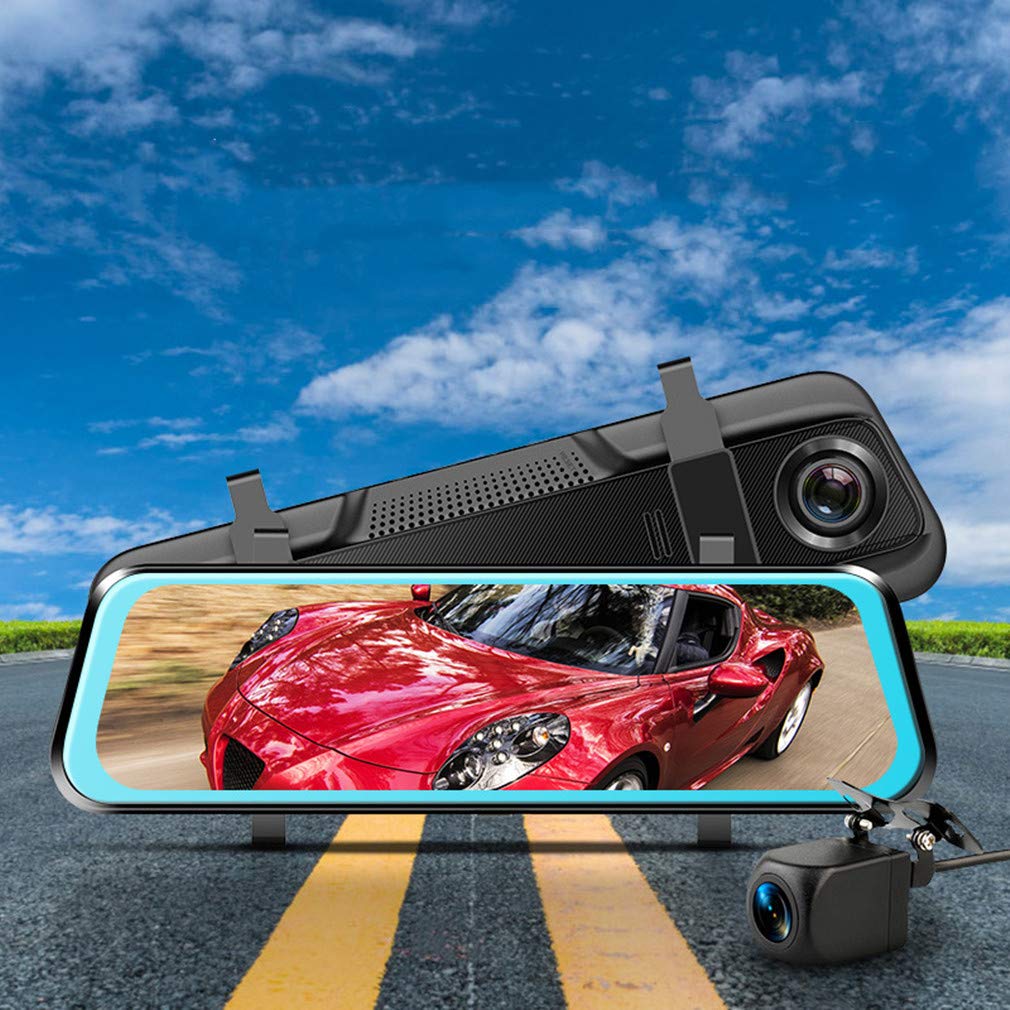 SXFJF Dash Cam mounted on a windshield, showing the front-facing camera and the large display screen.
