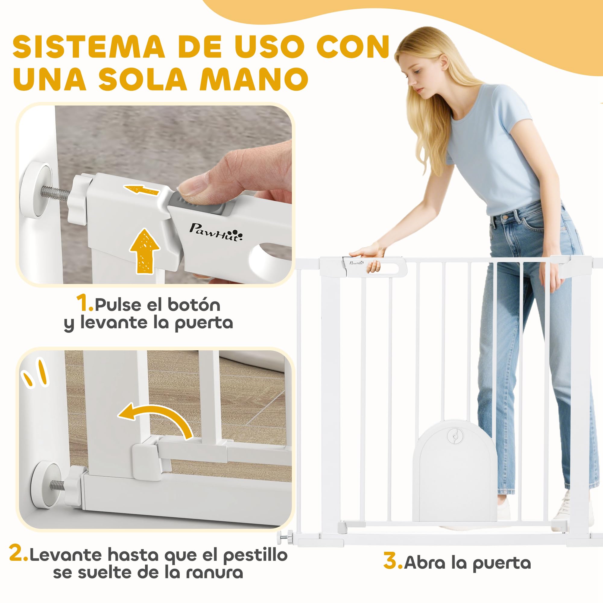PawHut Barrera de Seguridad para Perros Mascotas 75-103 cm para Escaleras y Puertas con 2 Extensiones Cierre Automático y Sistema de Doble Bloqueo Blanco