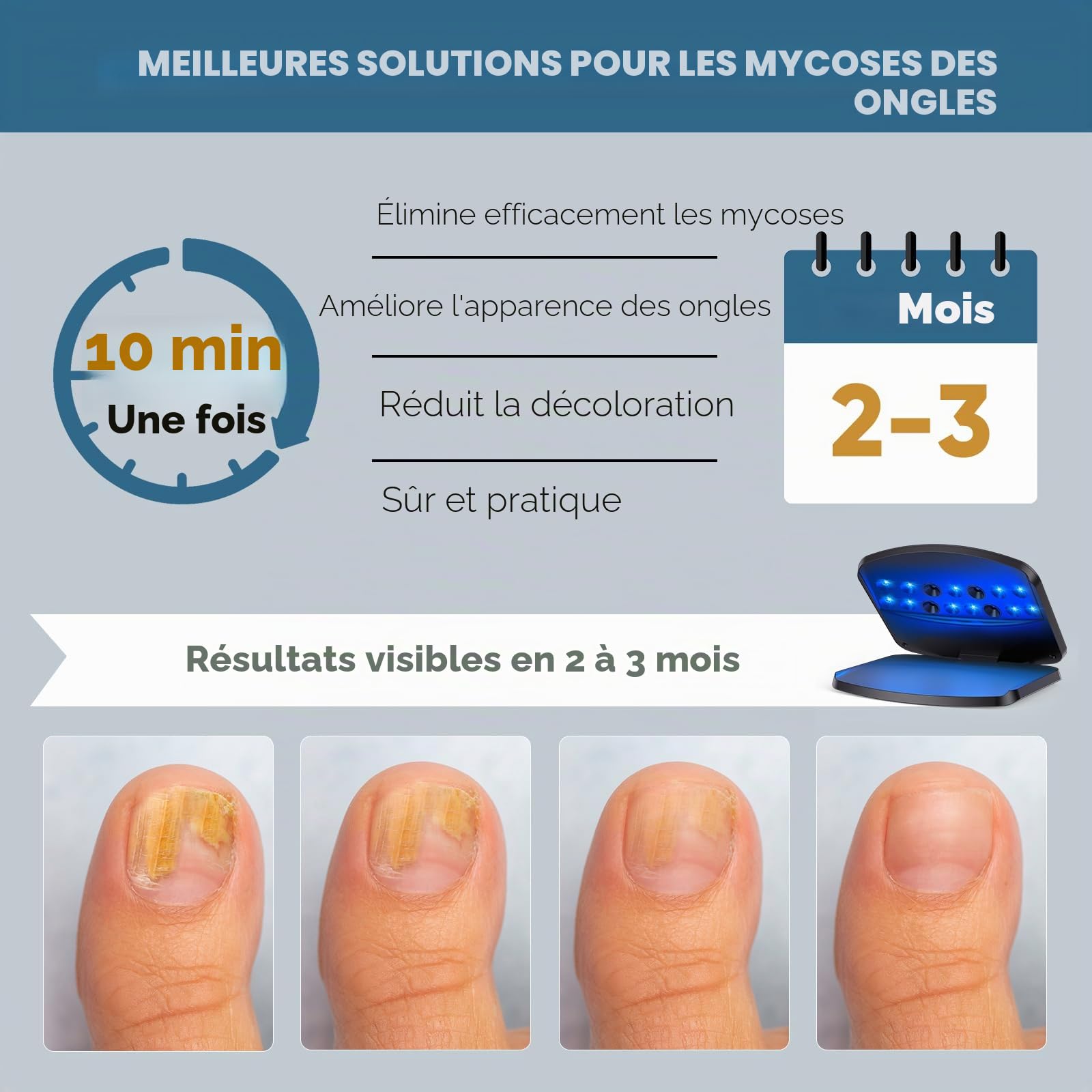 Appareil mycose ongle pied laser – dispositif traitement mycose ongles, 15 LED (11 lumière bleue + 4 infrarouge invisible), écran tactile minuterie 5/10/15/20 min, rechargeable USB-C-Noir