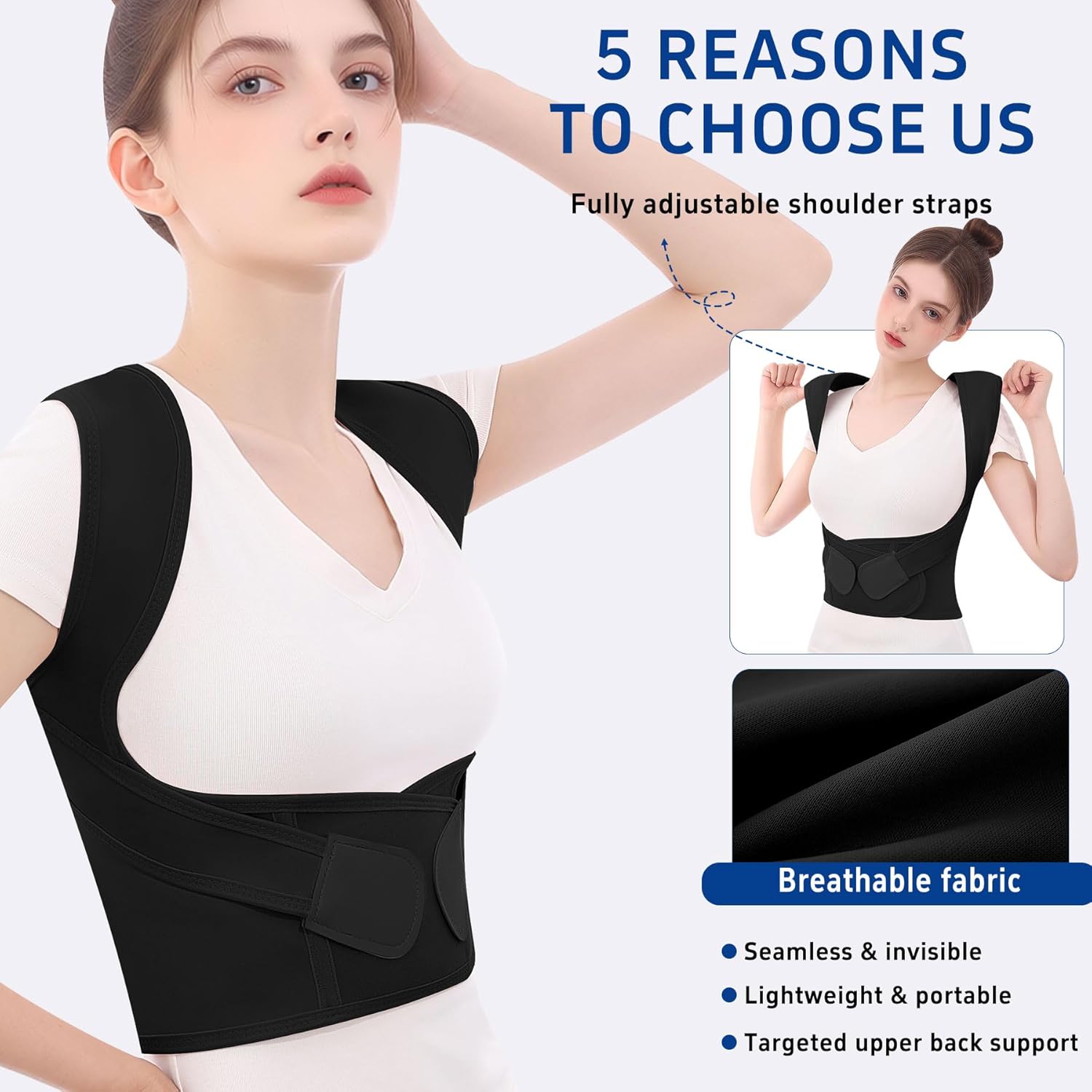 Posture Corrector for Women Men Back Brace Support Straightener Scoliosis Upper Spine Work Instant Shoulder Hunchback Straps Thoracic Adjustable Belt Upright Correction Fixer (Black, Large)