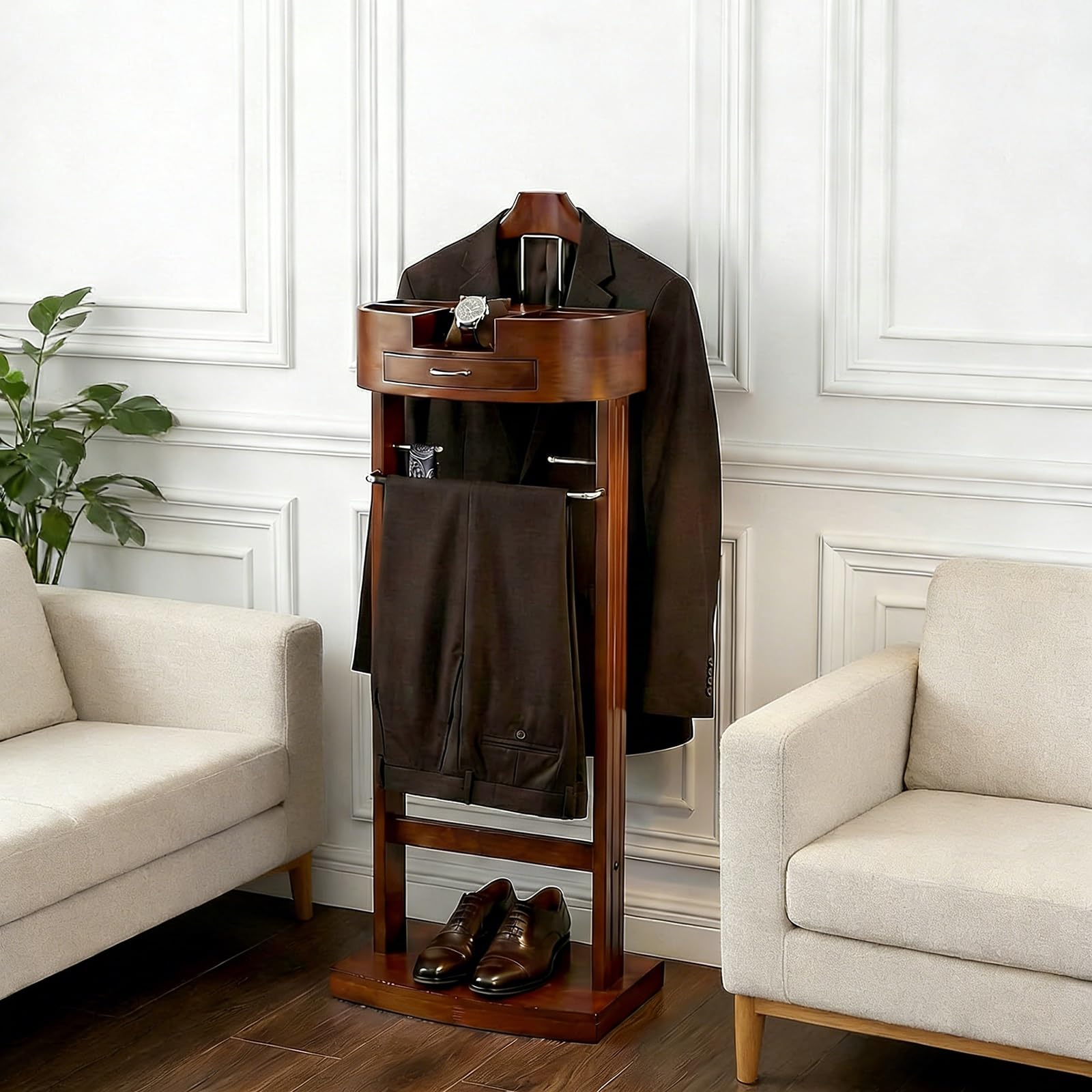 Slish Herrendiener aus Holz für Damen und Herren – Freending Suit Nizer mit Der, Tablett & Hosenstange – Ele Clothes Valet Stuhl für Schlafzimmer, Wohnzimmer & Büro (Braun)