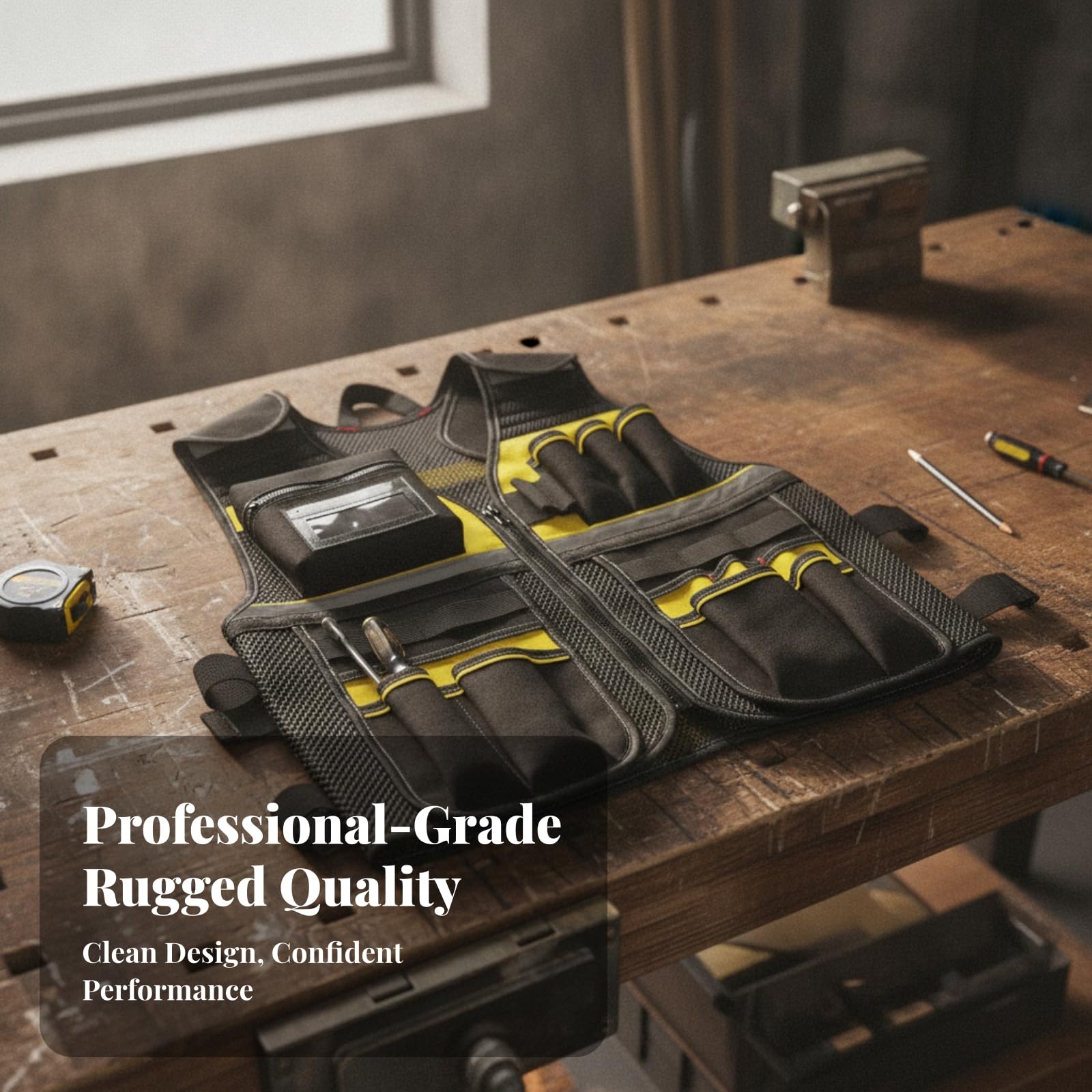 Chaleco Trabajo con Bolsillos Cómodo | Acolchado, Chaleco para Herramientas Tela Oxford, Ajustable, construcción, Almacenes, Electricistas, Carpinteros, Negro Amarillo